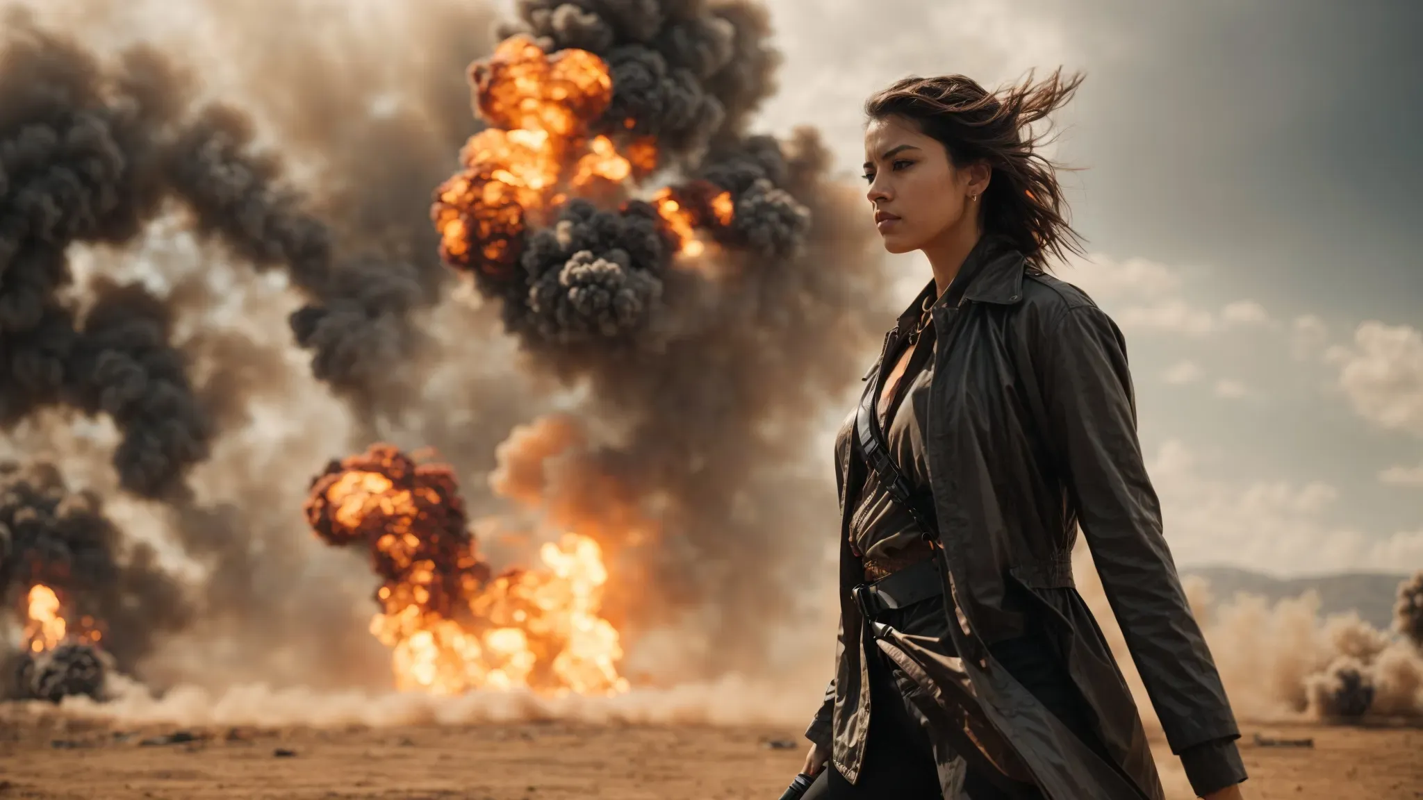 a fierce woman stands center stage amidst explosive action, radiating power and defiance. 