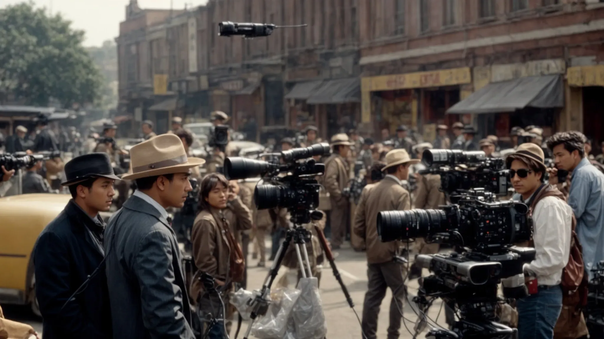 a director commands the attention of a concentrated film crew against the backdrop of a bustling movie set.
