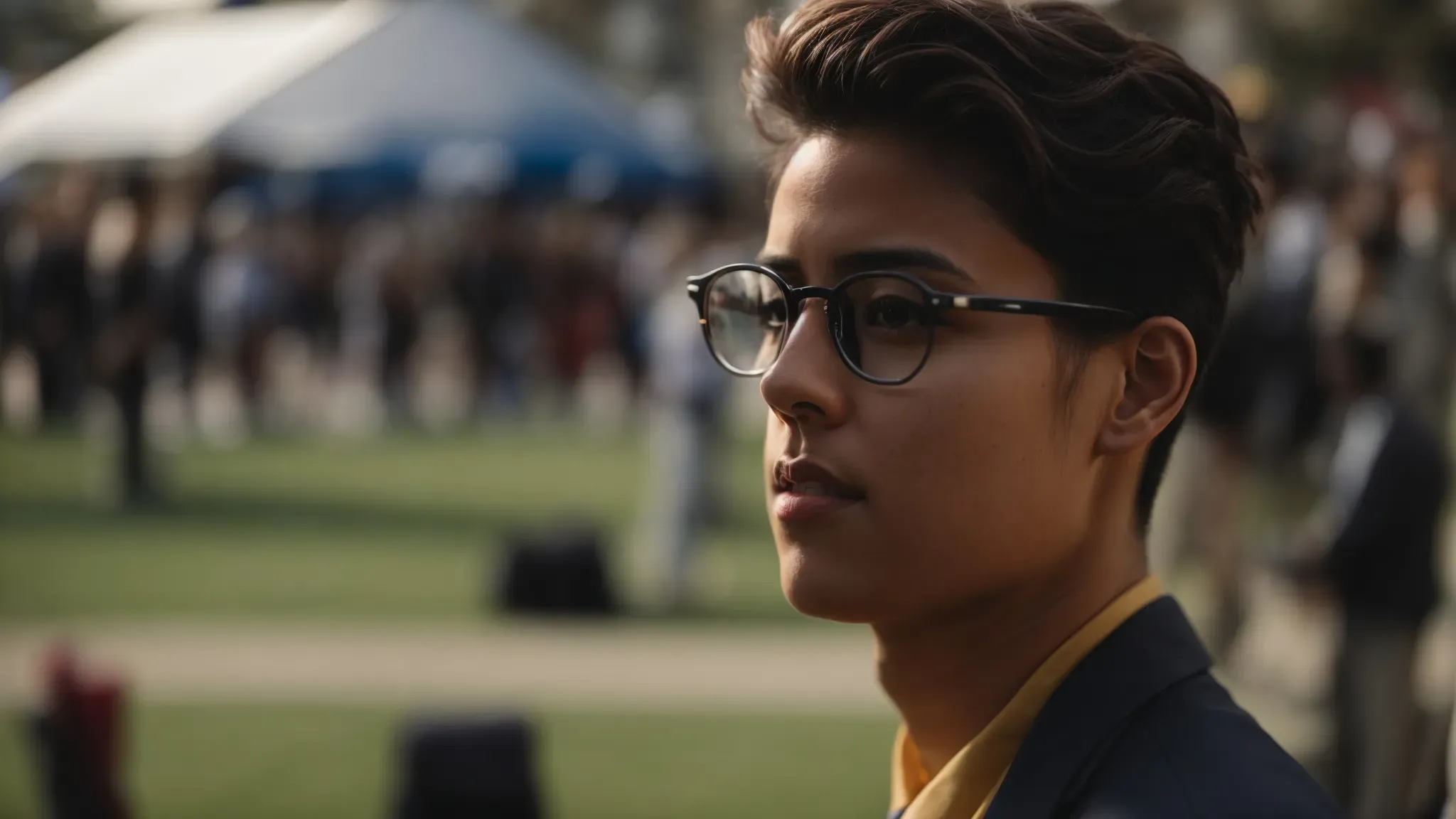 a young graduate gazes at a lively movie set, contemplating the leap from student to professional.