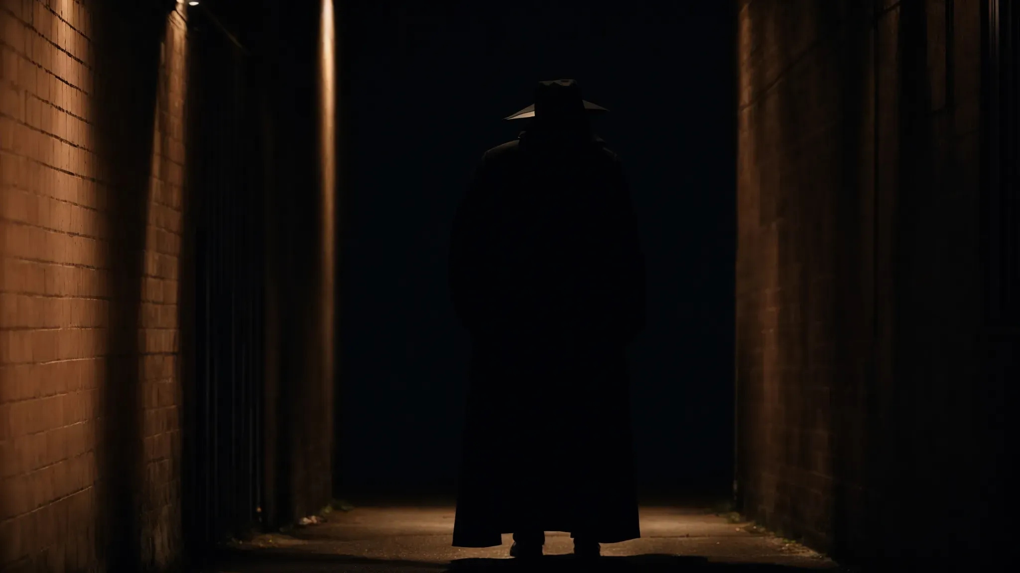 a dark silhouette of a menacing figure standing confidently in the glow of a dimly lit alley, casting a long shadow that stretches ominously across the ground.