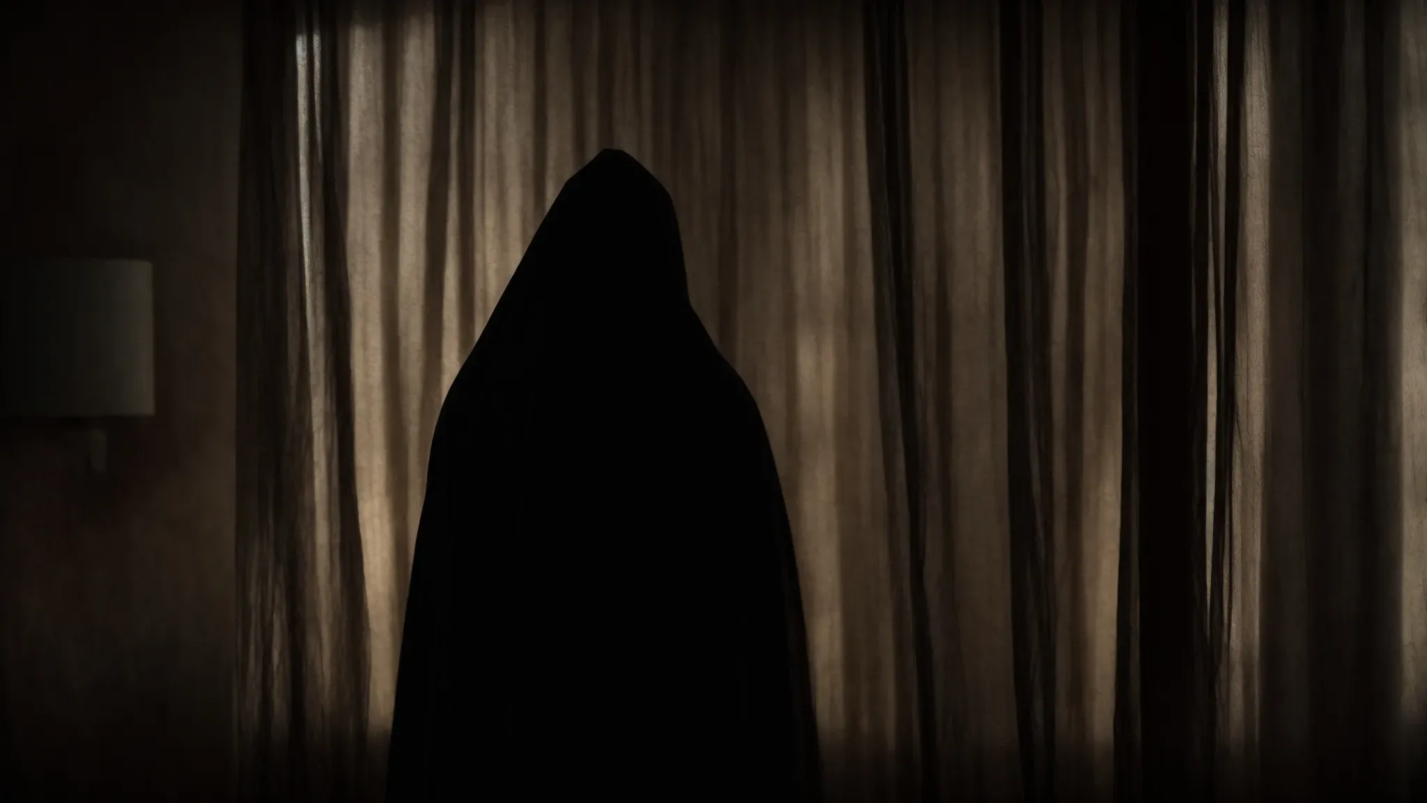 a shadowy figure looms behind a frayed curtain in a dim, eerie room, capturing an atmosphere of impending dread.