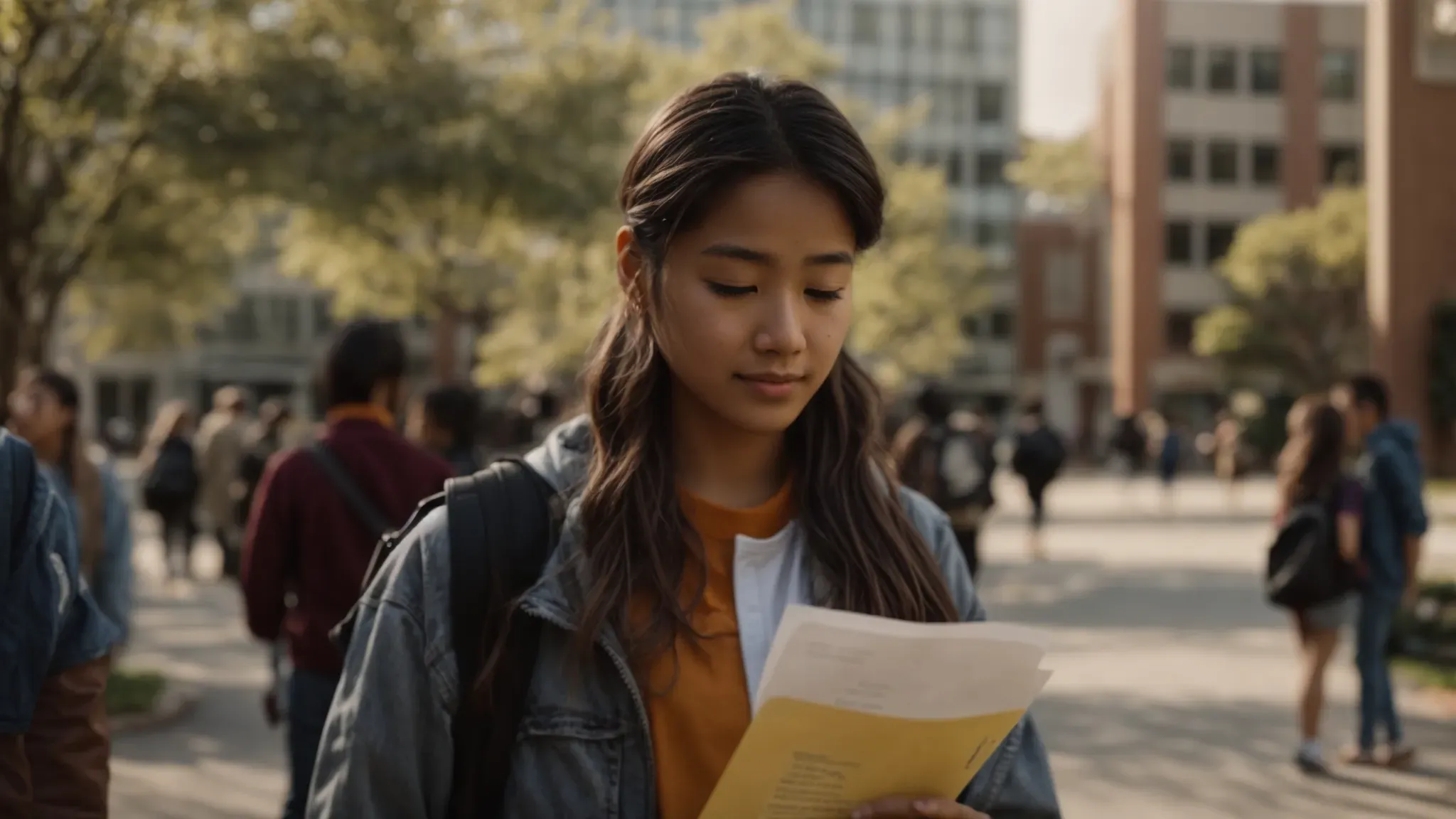 a hopeful student stands at the entrance of a bustling university campus, clasping a scholarship acceptance letter.