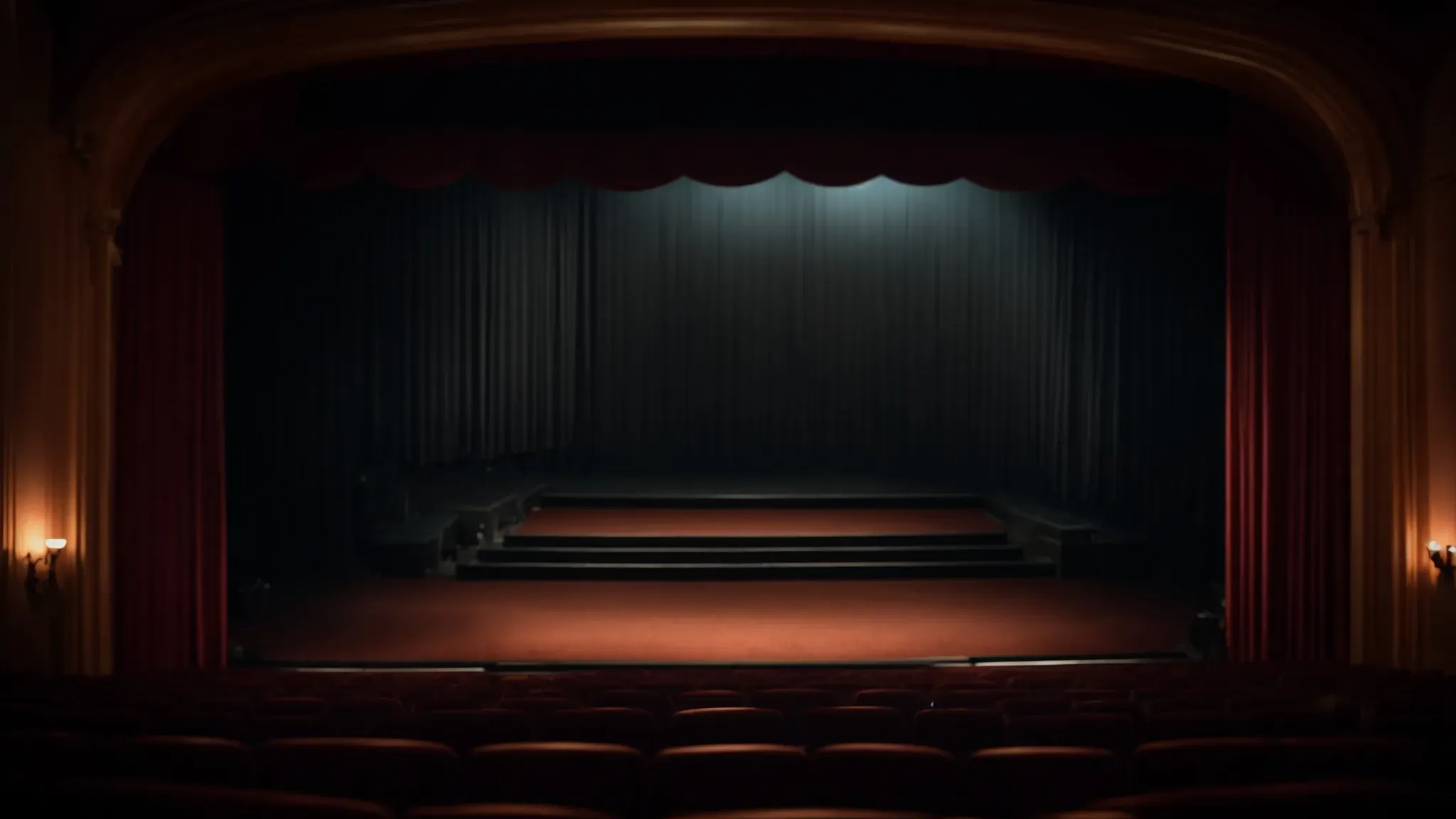 a wide-angle view of a dimly lit theater with a large, empty screen glowing softly in anticipation of the first film credits to roll.