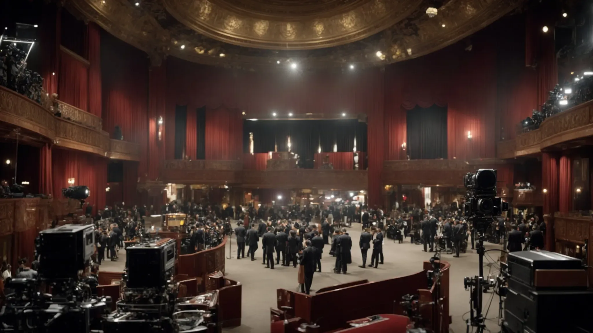 a sprawling movie set bustling with activity, featuring a grand, elaborate backdrop and state-of-the-art equipment.