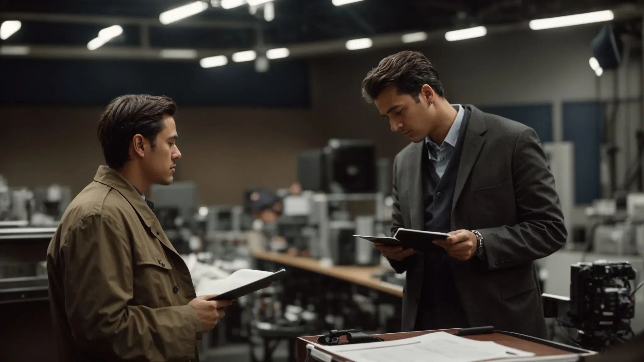 a film director and producer are seen intensely discussing over a clipboard amidst an empty film set, embodying the final touchpoints before shooting commences.