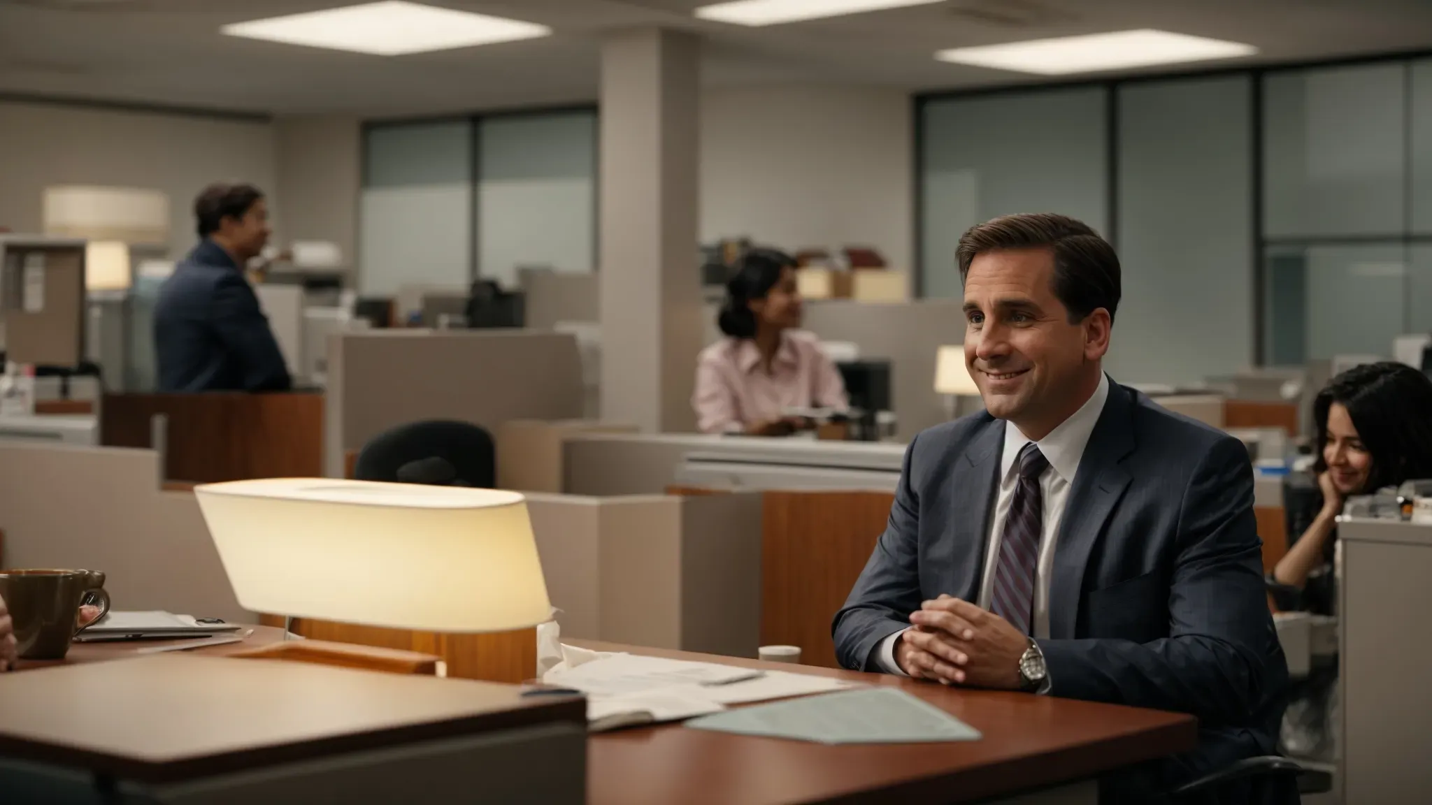 a warmly lit office space where michael scott shares a heartfelt moment with a visibly touched employee, their faces lit up with genuine smiles.