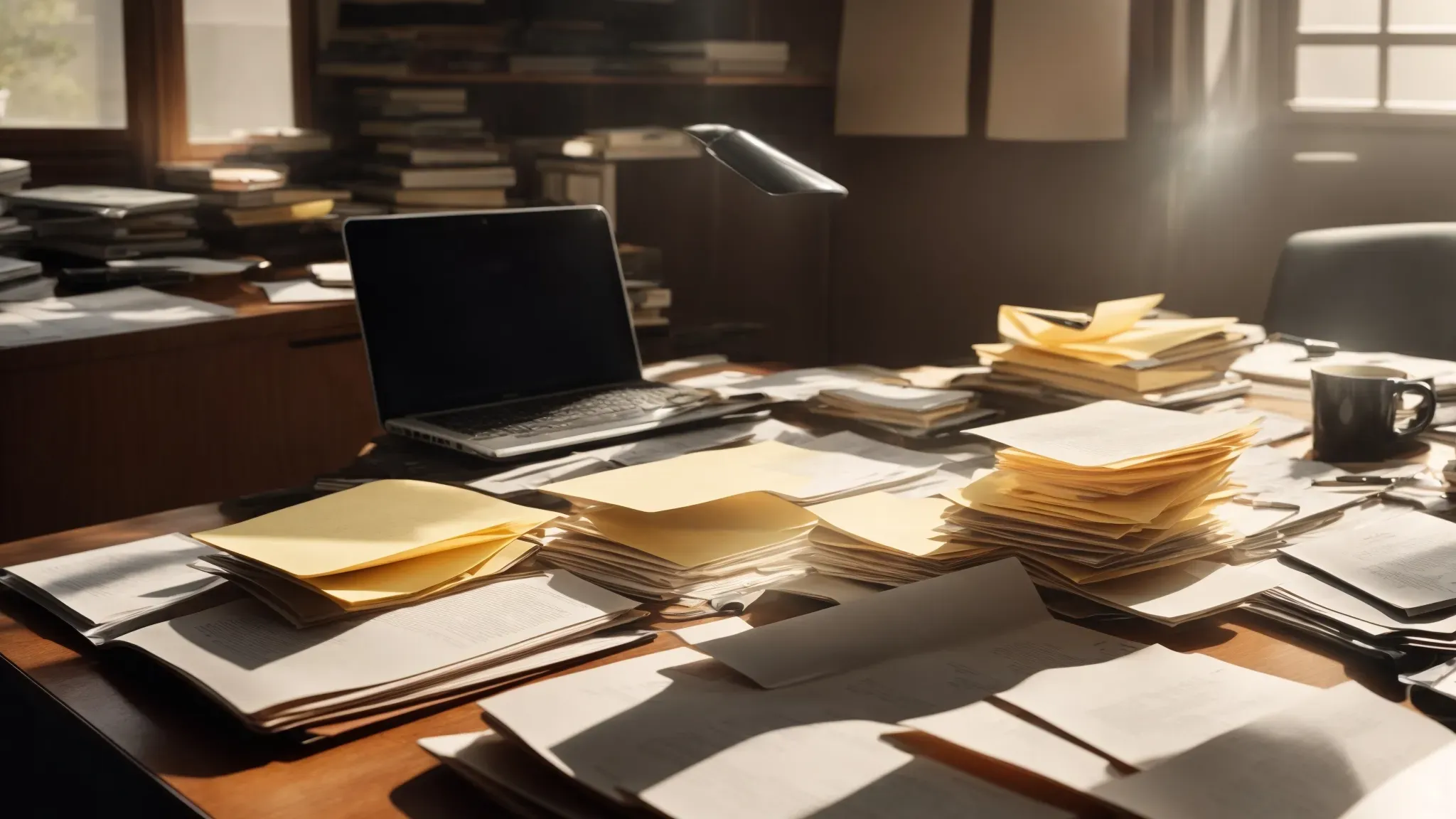a desk illuminated by the morning light, strewn with papers and a laptop, as a film executive contemplates the legal revisions for compliance.