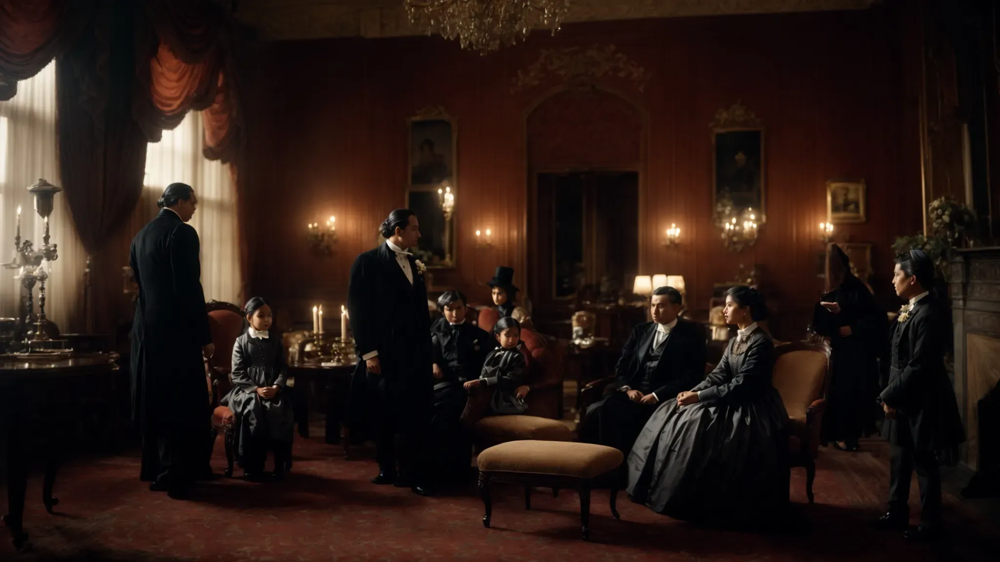 a solemn family gathering in a grand, dimly-lit victorian drawing room, filled with the air of a bygone era.