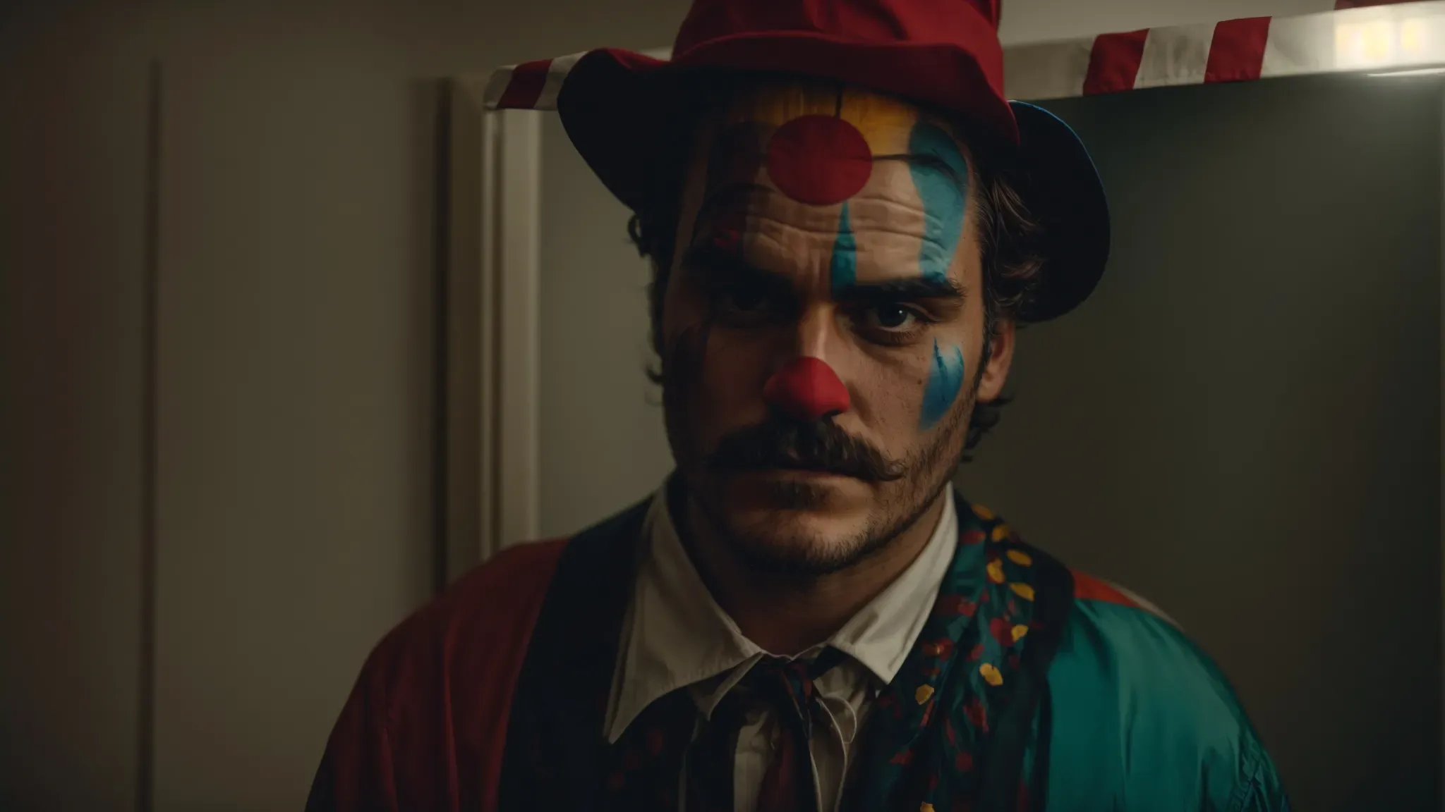 joaquin phoenix, in his clown makeup, stares deeply into a mirror, reflecting the turmoil within.