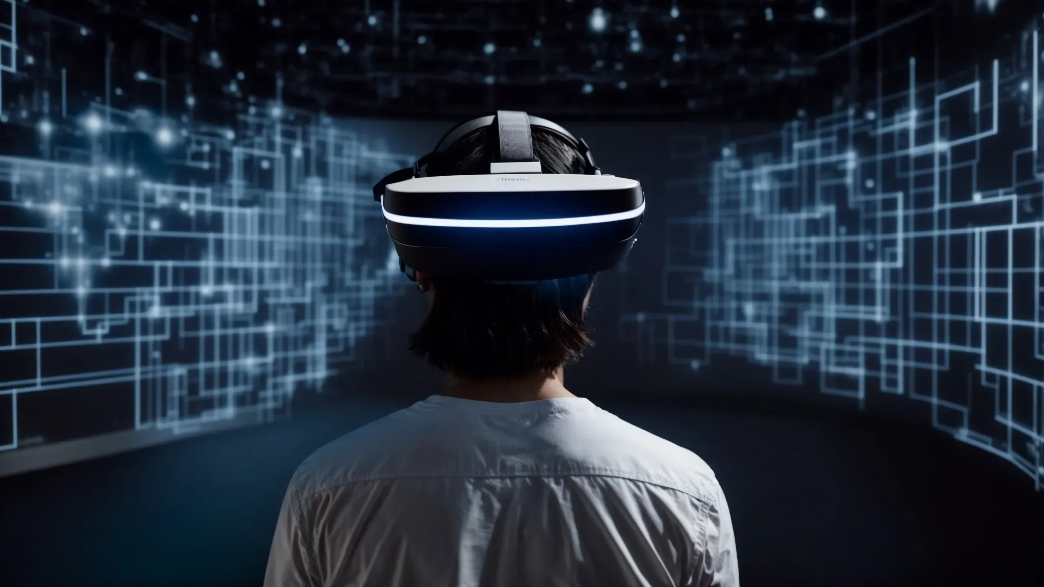 a person wearing a vr headset reaches out in a room filled with digital projections overlaying the real-world environment.