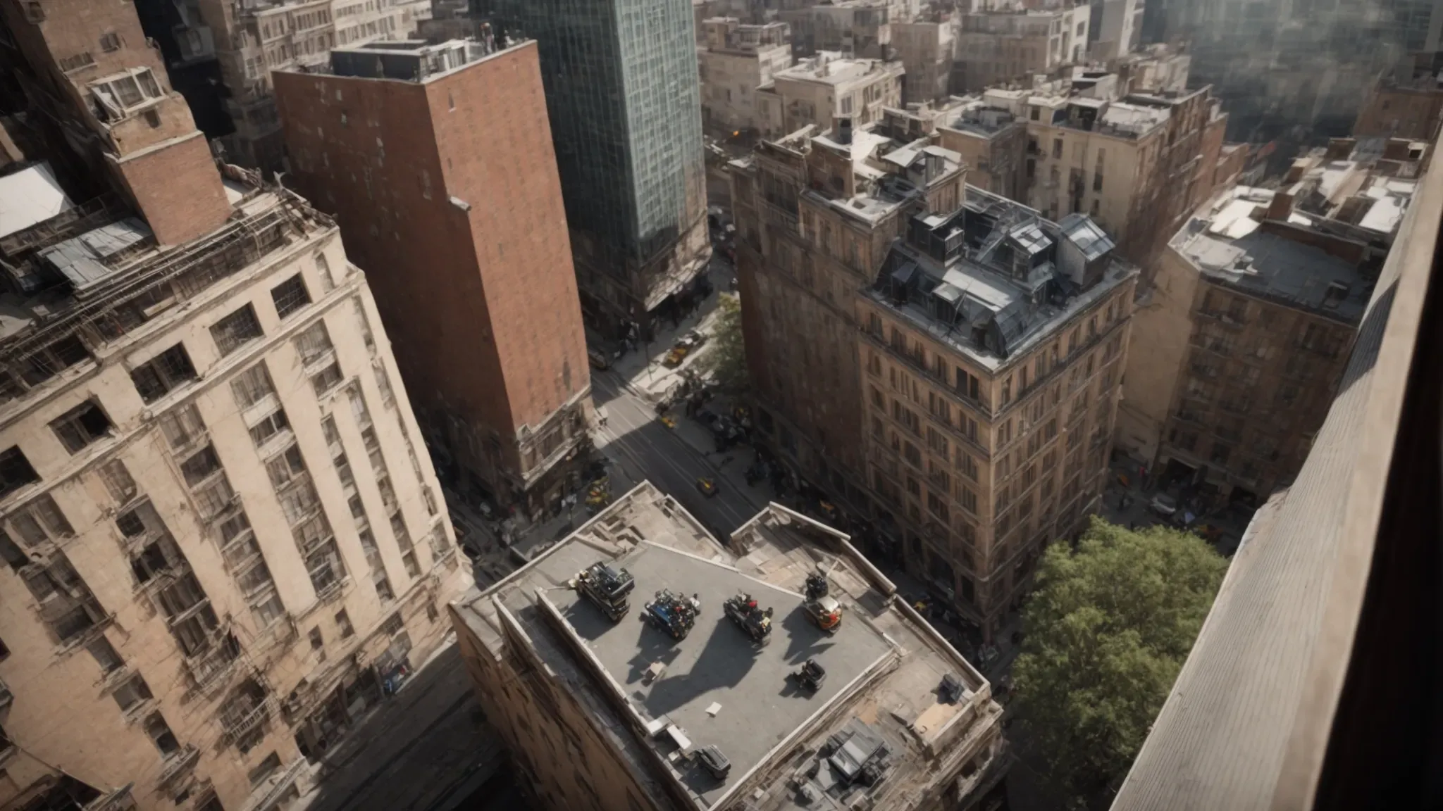 a camera perched high above an urban scene, capturing the diminutive figures of people walking between towering buildings.