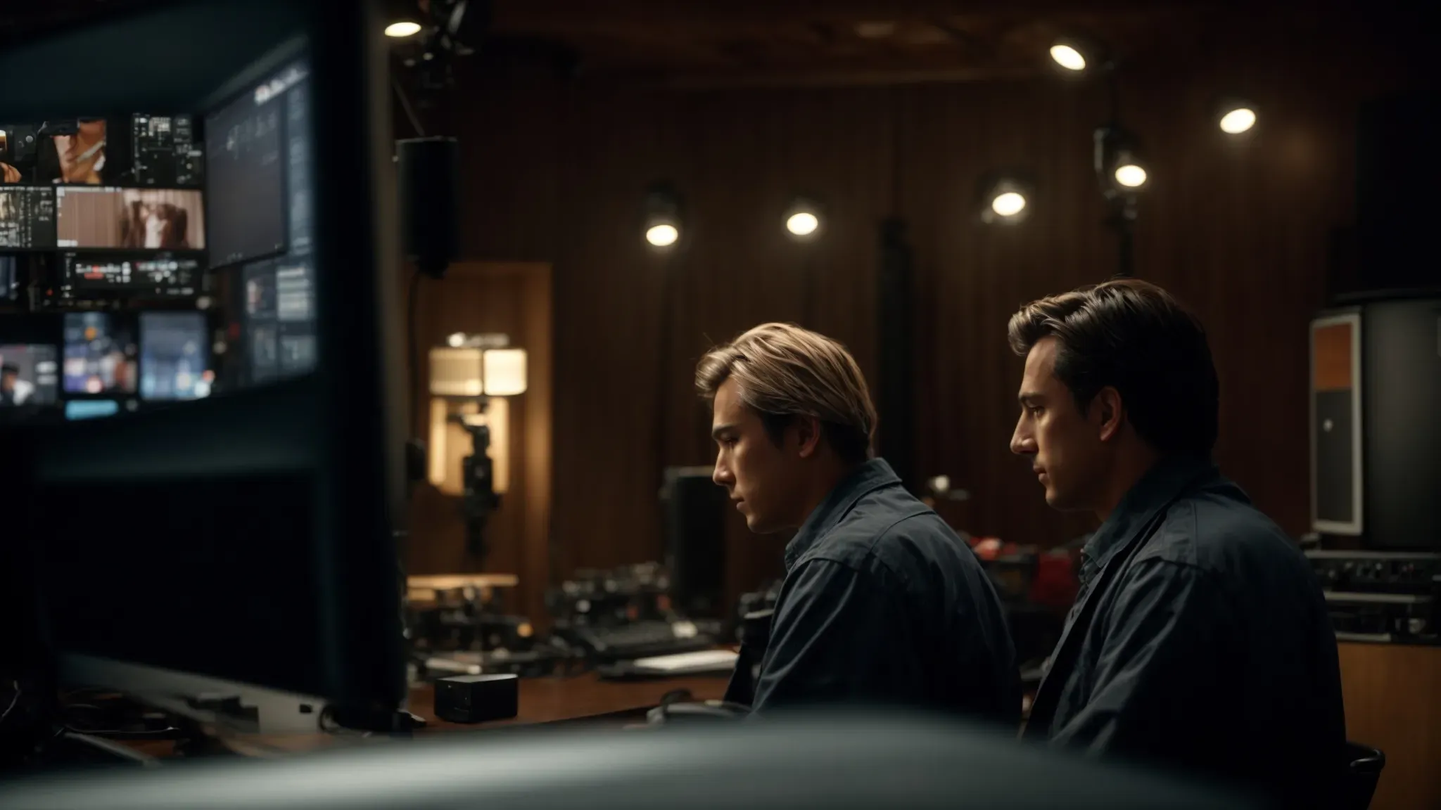 a director and composer intently review a scene on a monitor, surrounded by crew members in a dimly lit studio.