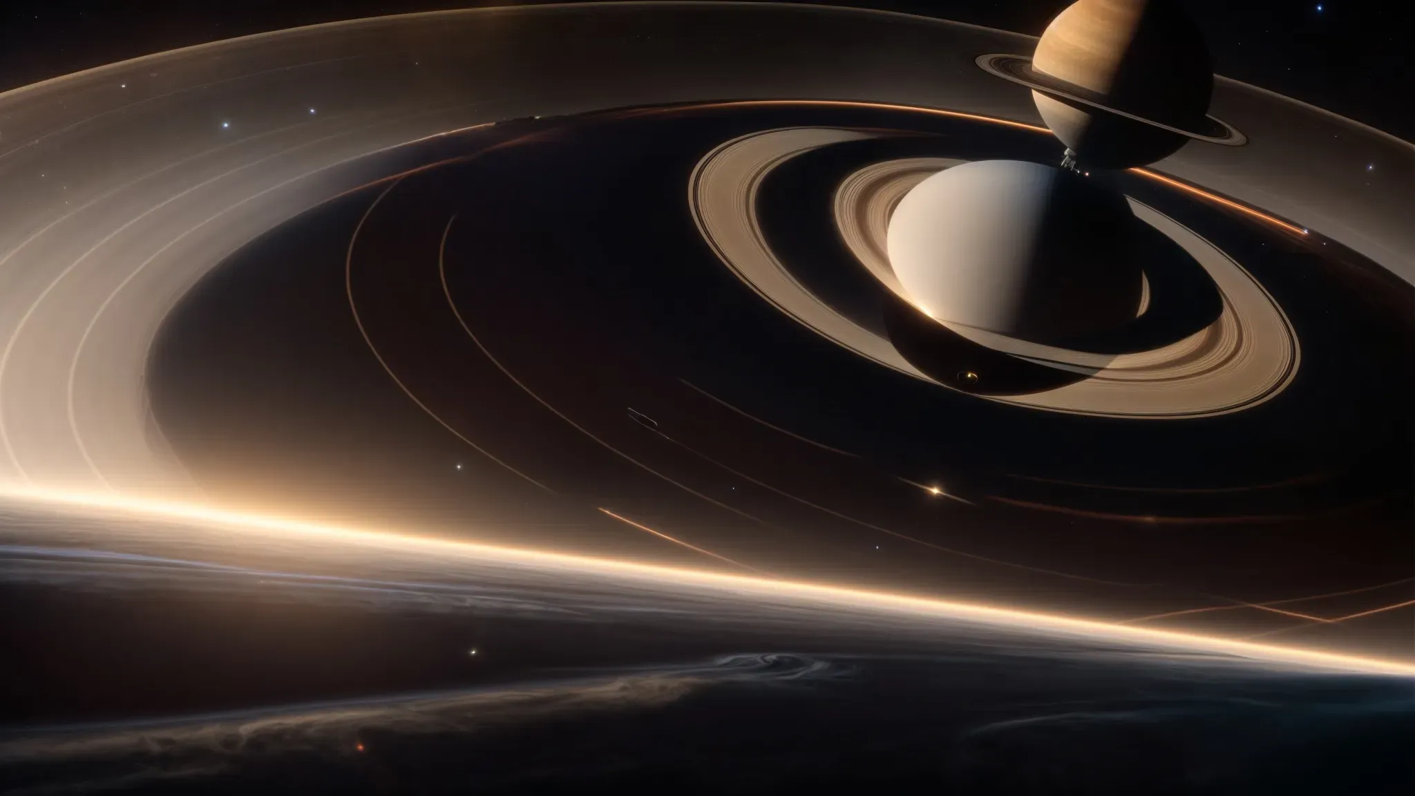a spacecraft ventures near saturn's rings, approaching a glowing wormhole against the vast backdrop of space.