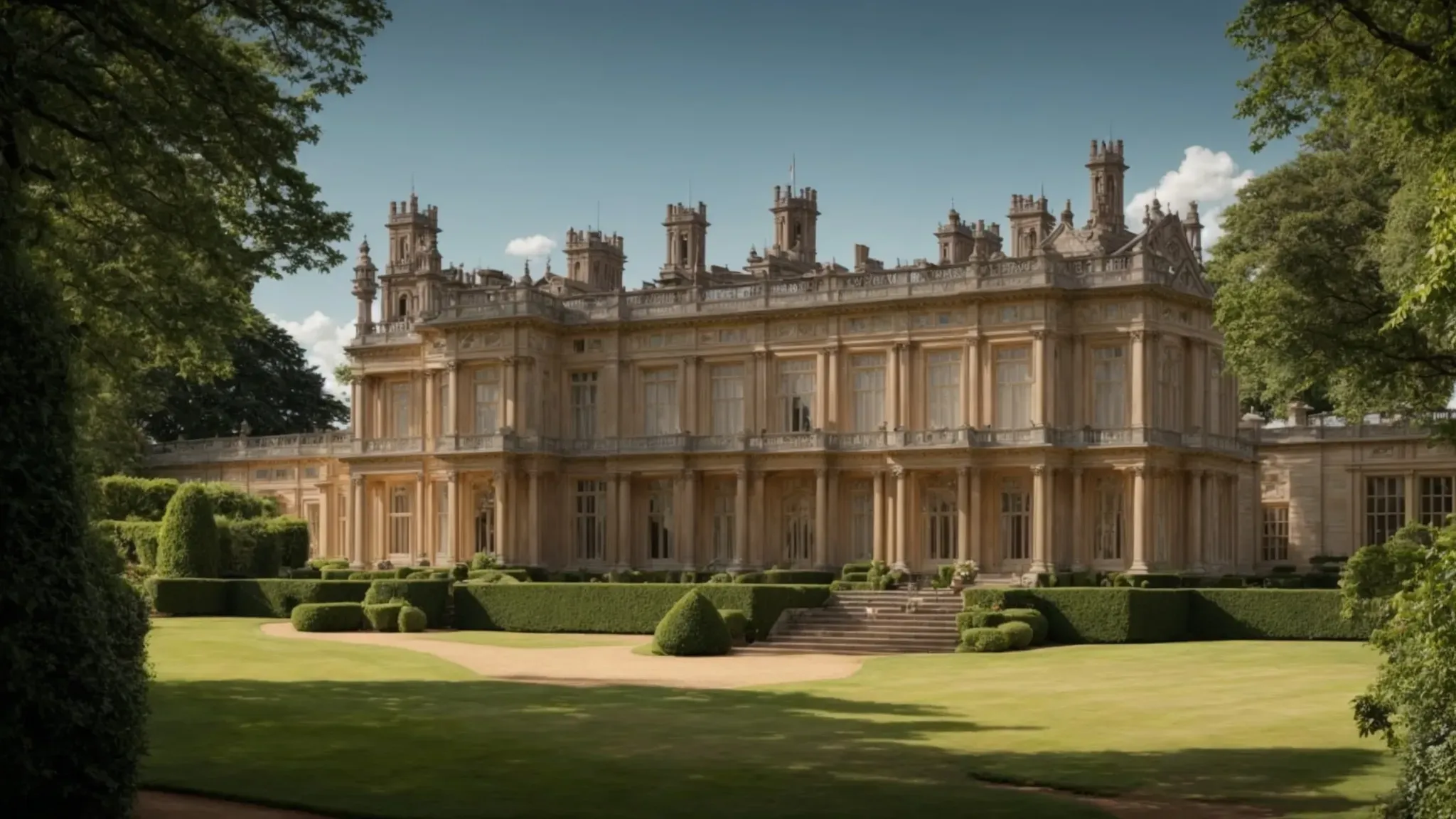 a grand estate, reminiscent of early 20th-century england, sits majestically amidst lush greenery under a clear blue sky, embodying the opulent setting of 