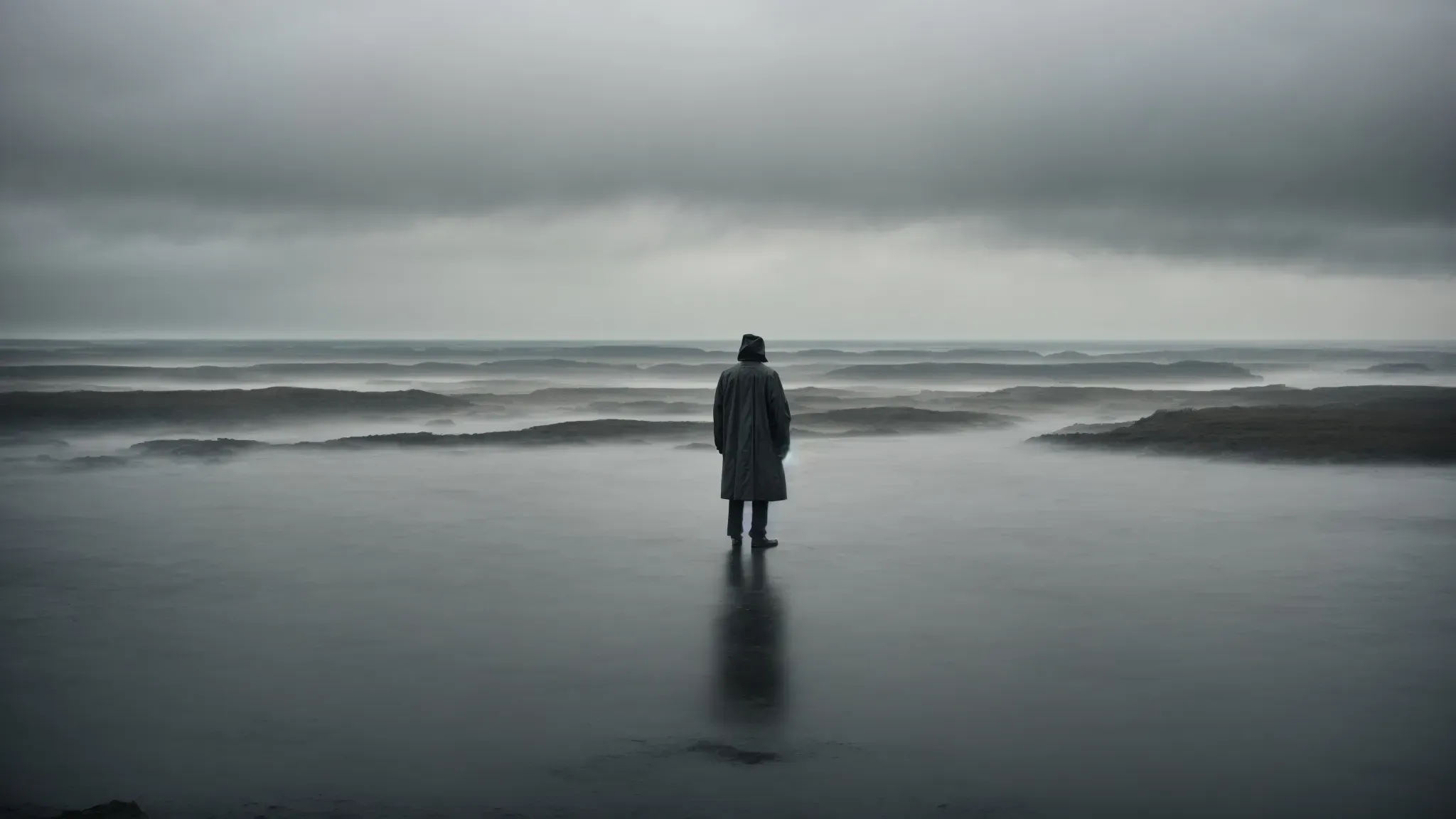 a lone figure stands amidst vast, overcast landscapes, reminiscent of the introspective and metaphysical terrains explored in tarkovsky's films.
