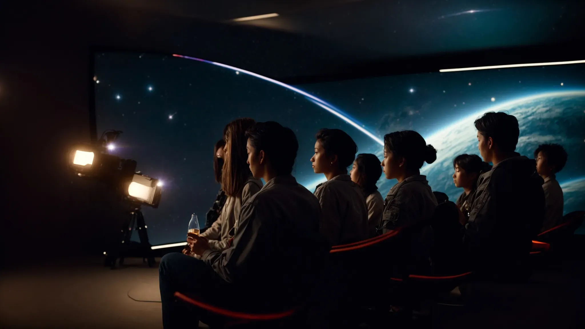 a group of friends is sitting in a dark room illuminated only by the glow of a large screen showcasing a space scene from a classic science fiction film.