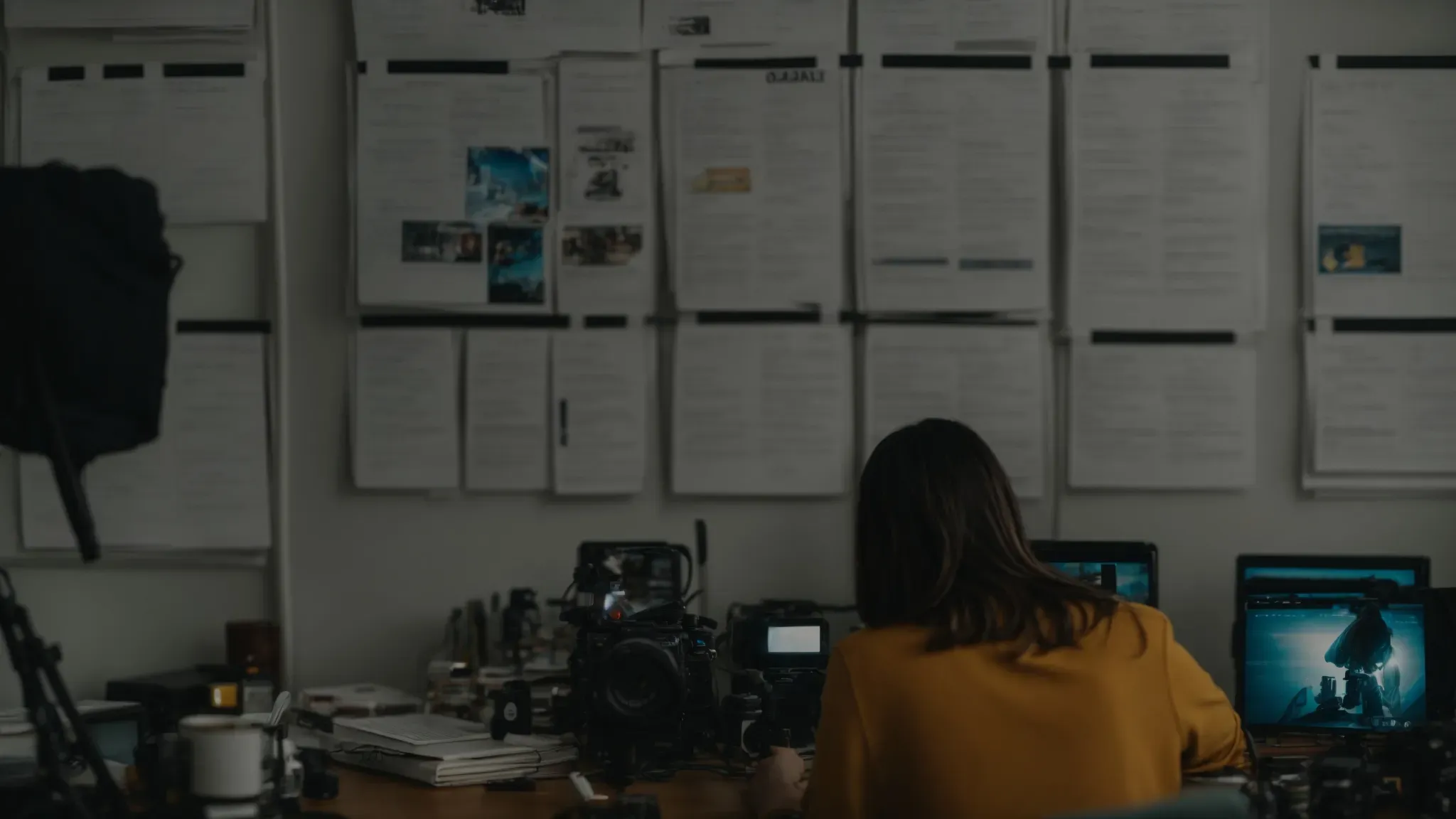 a person at a desk reviews a film production schedule amidst various filmmaking equipment.