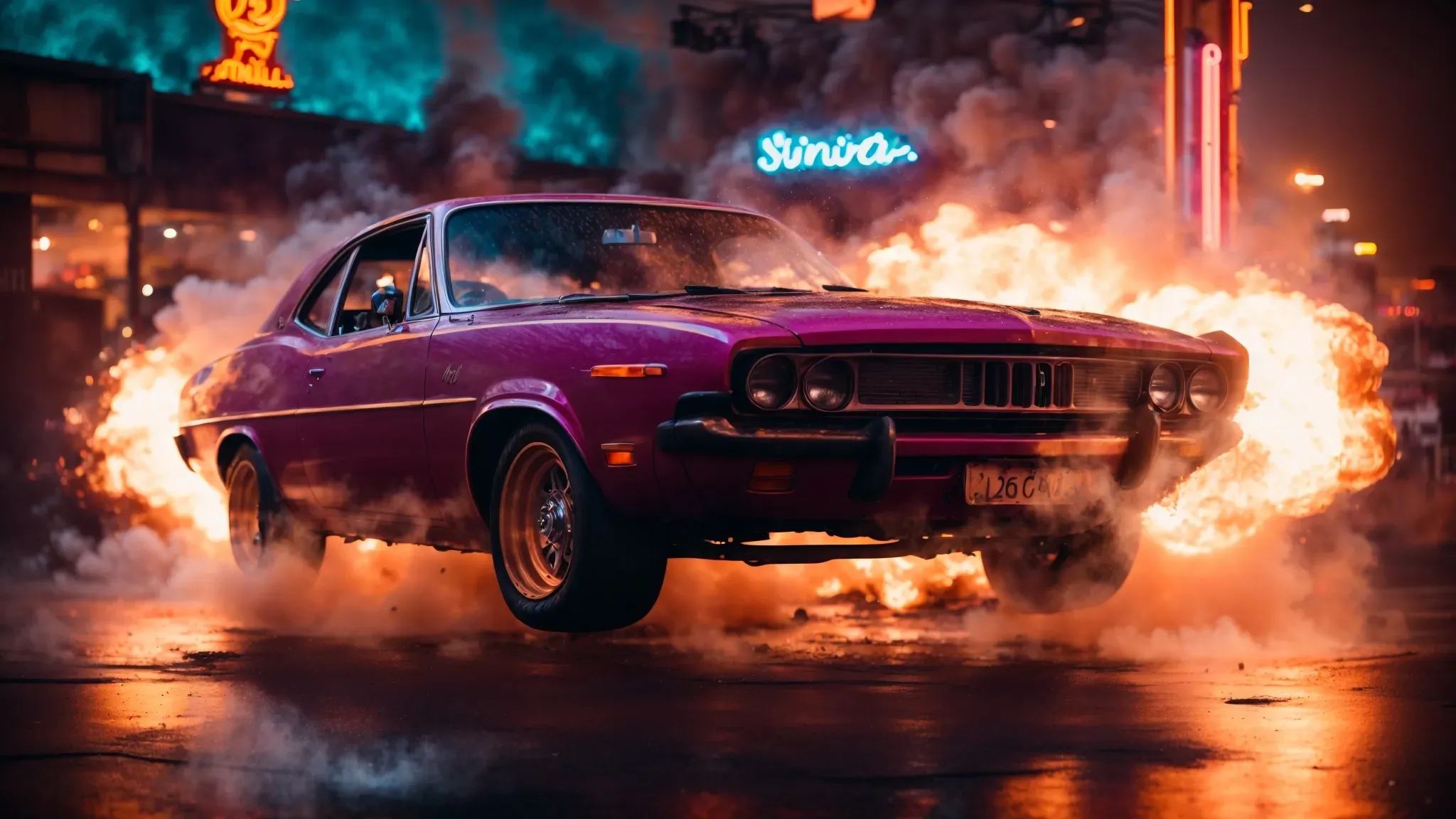 a car explodes in a burst of flames against the backdrop of a neon-lit casino.