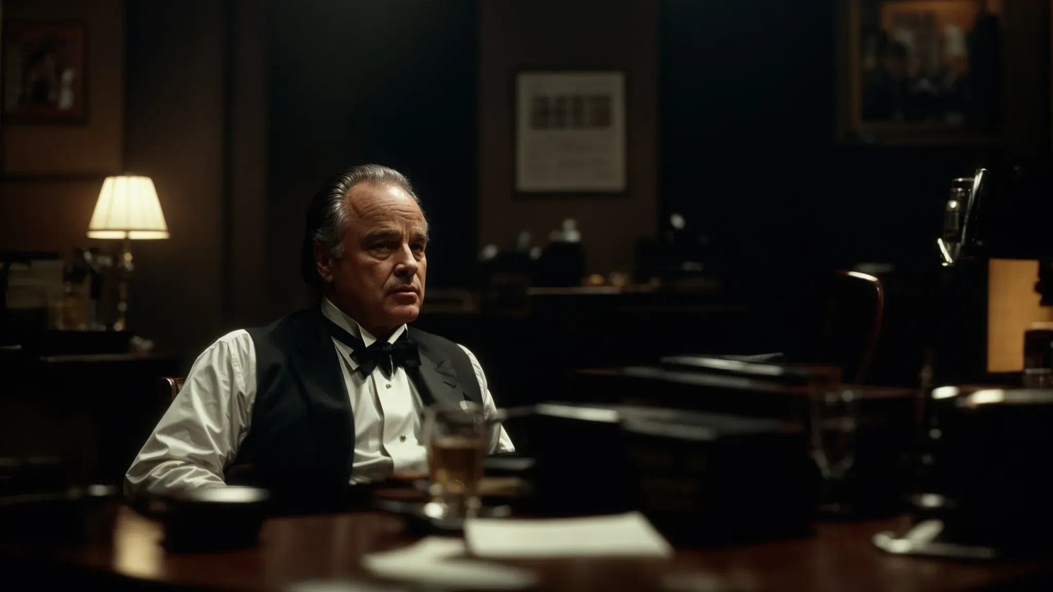 marlon brando sits in a dimly lit office, exuding power as don vito corleone with his piercing gaze and iconic tuxedo.