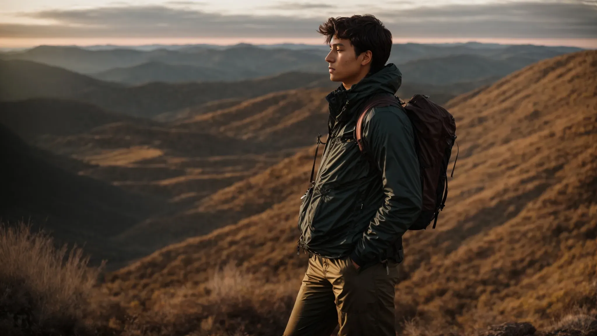 a location scout stands with a contemplative pose overlooking a rugged landscape, mapping out potential scenes in the golden hour of dawn.