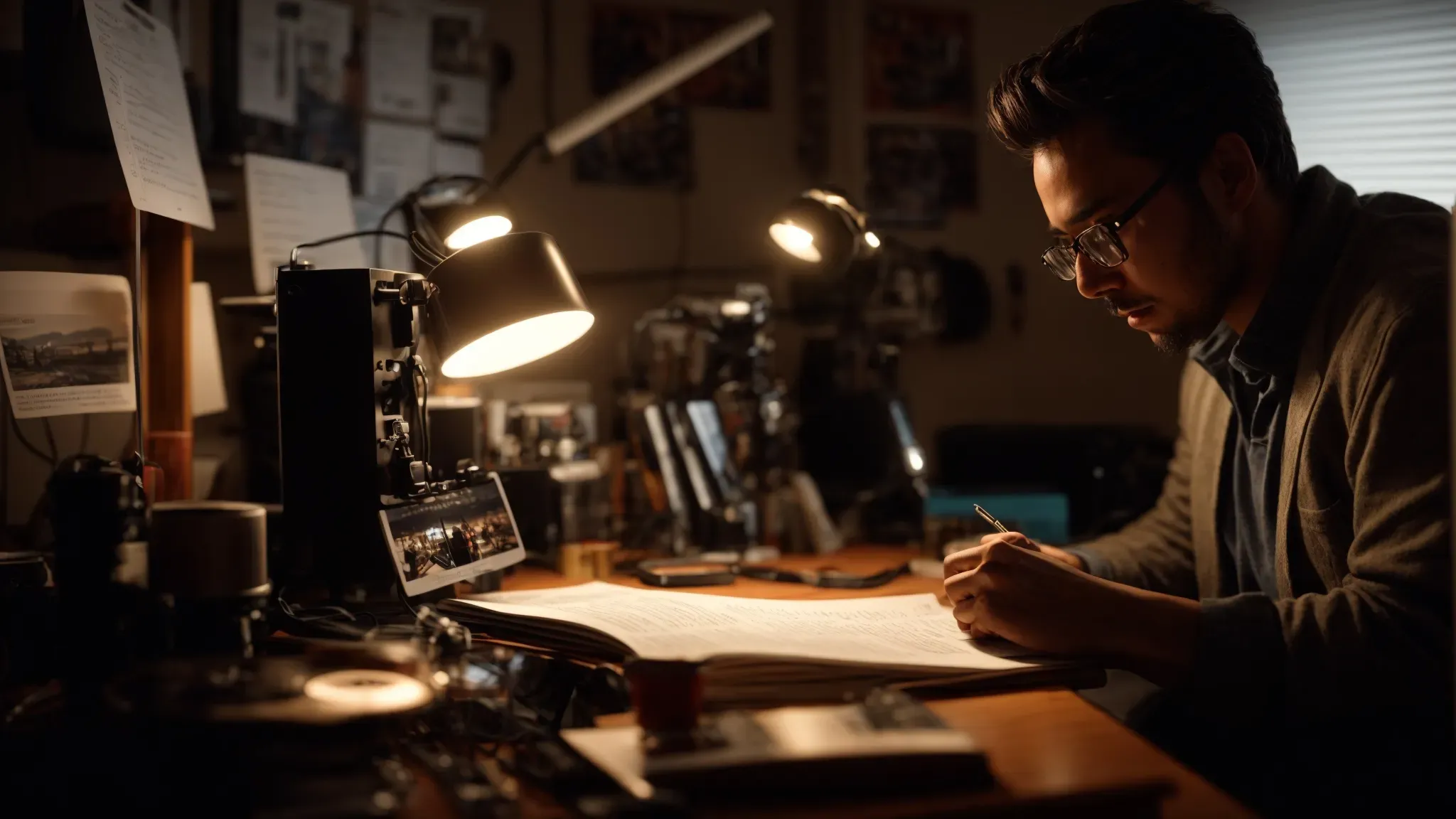a focused filmmaker outlines a story on a storyboard beneath the soft light of a desk lamp, surrounded by musical instruments and film equipment.