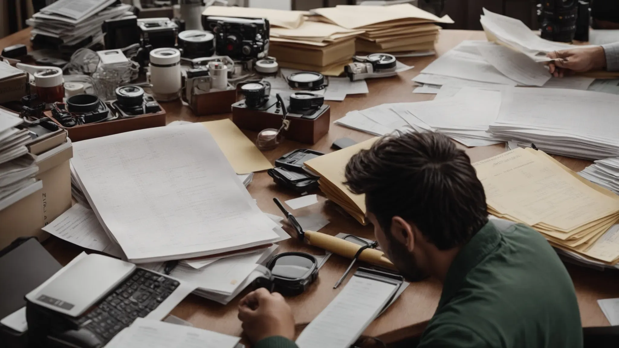 a filmmaker reviews a large budget spreadsheet on a desk surrounded by pre-production paperwork and film equipment.