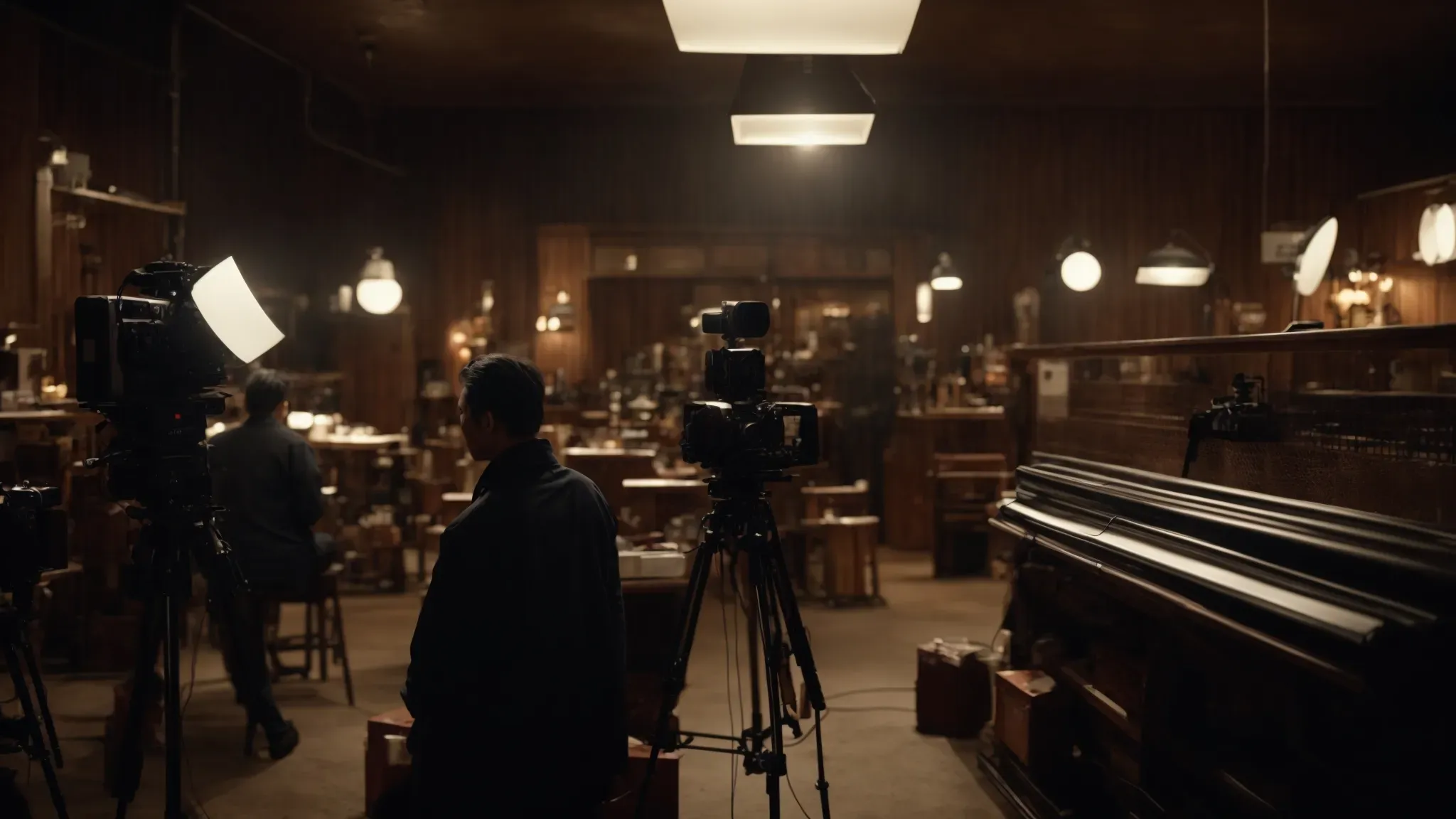 a split screen showing a cozy, dimly-lit independent film set on one side and a vast, bustling movie set with large-scale equipment on the other.