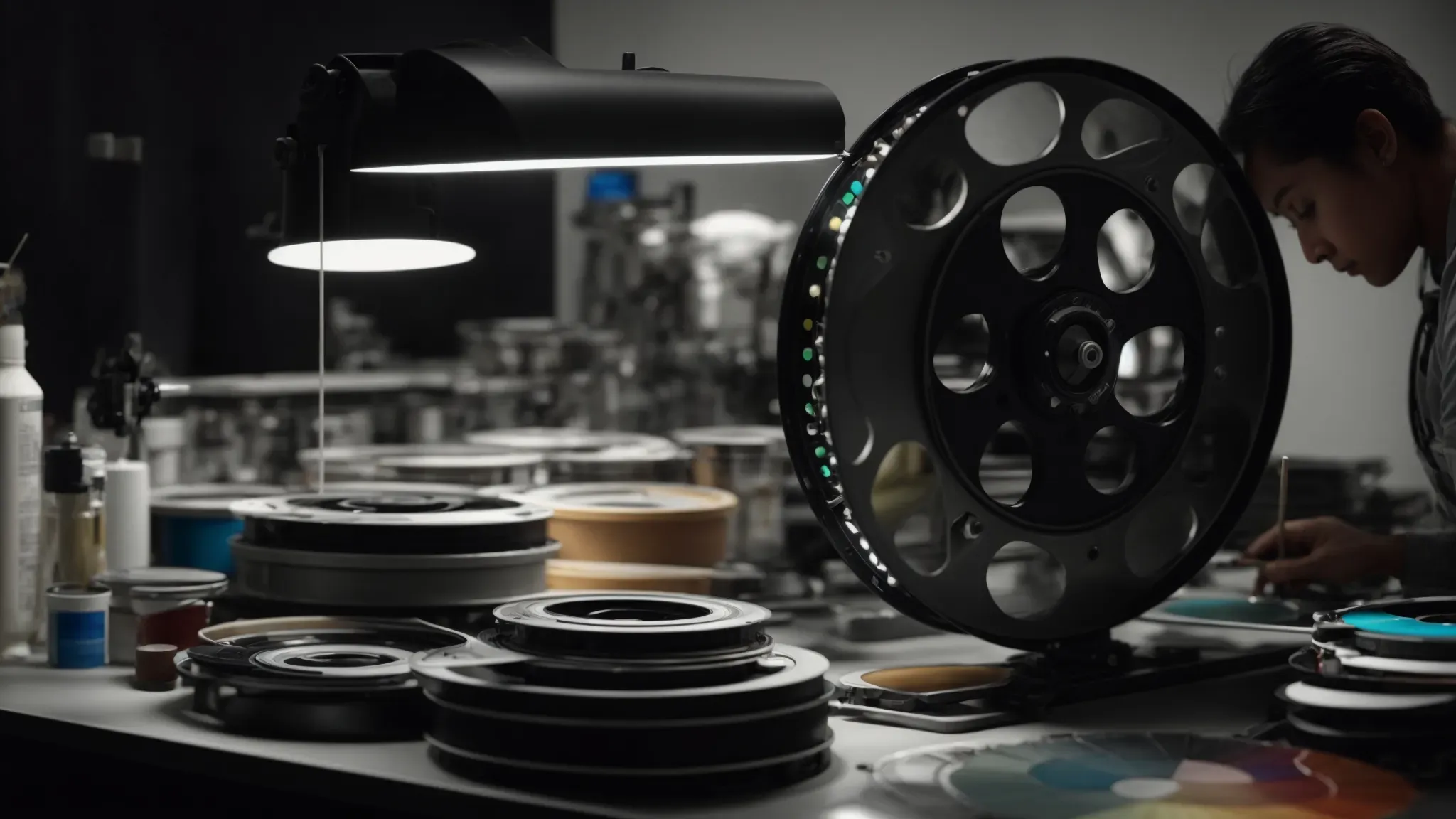 an artist delicately applying color to a large grayscale film reel spread across a worktable, under soft, focused lighting.