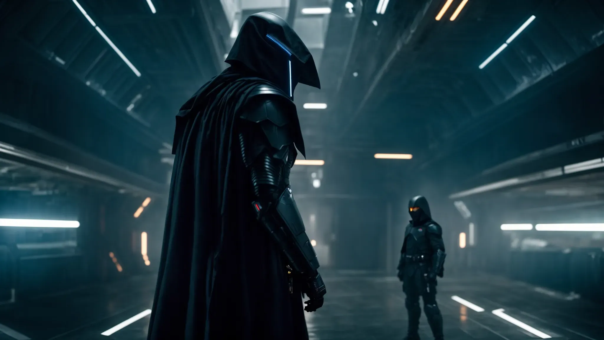 a dynamic battle unfolds with a hero in futuristic armor facing down a menacing, dark-cloaked figure amidst a backdrop of a starship corridor.