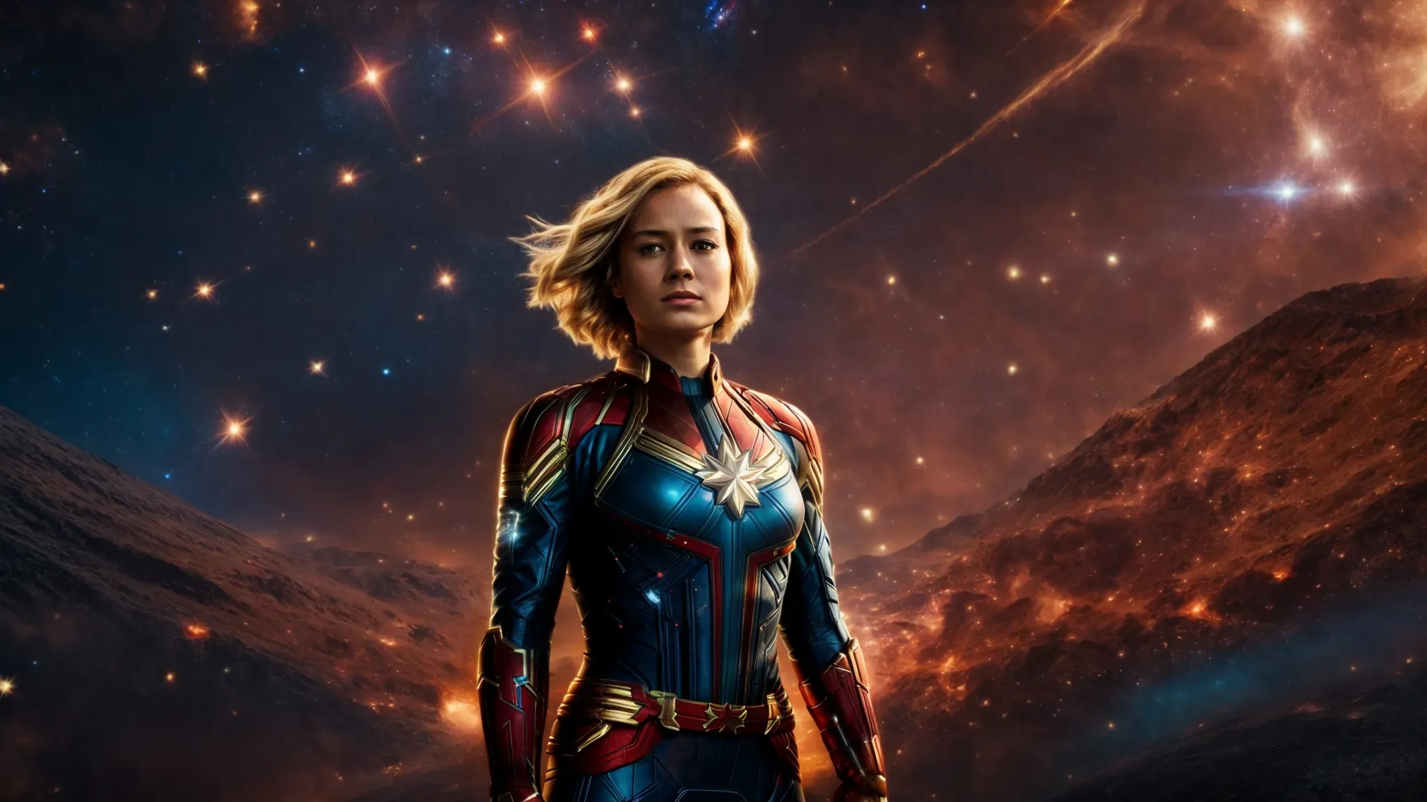 captain marvel soars through the galaxy, her figure a bastion of might against the speckled tapestry of stars.
