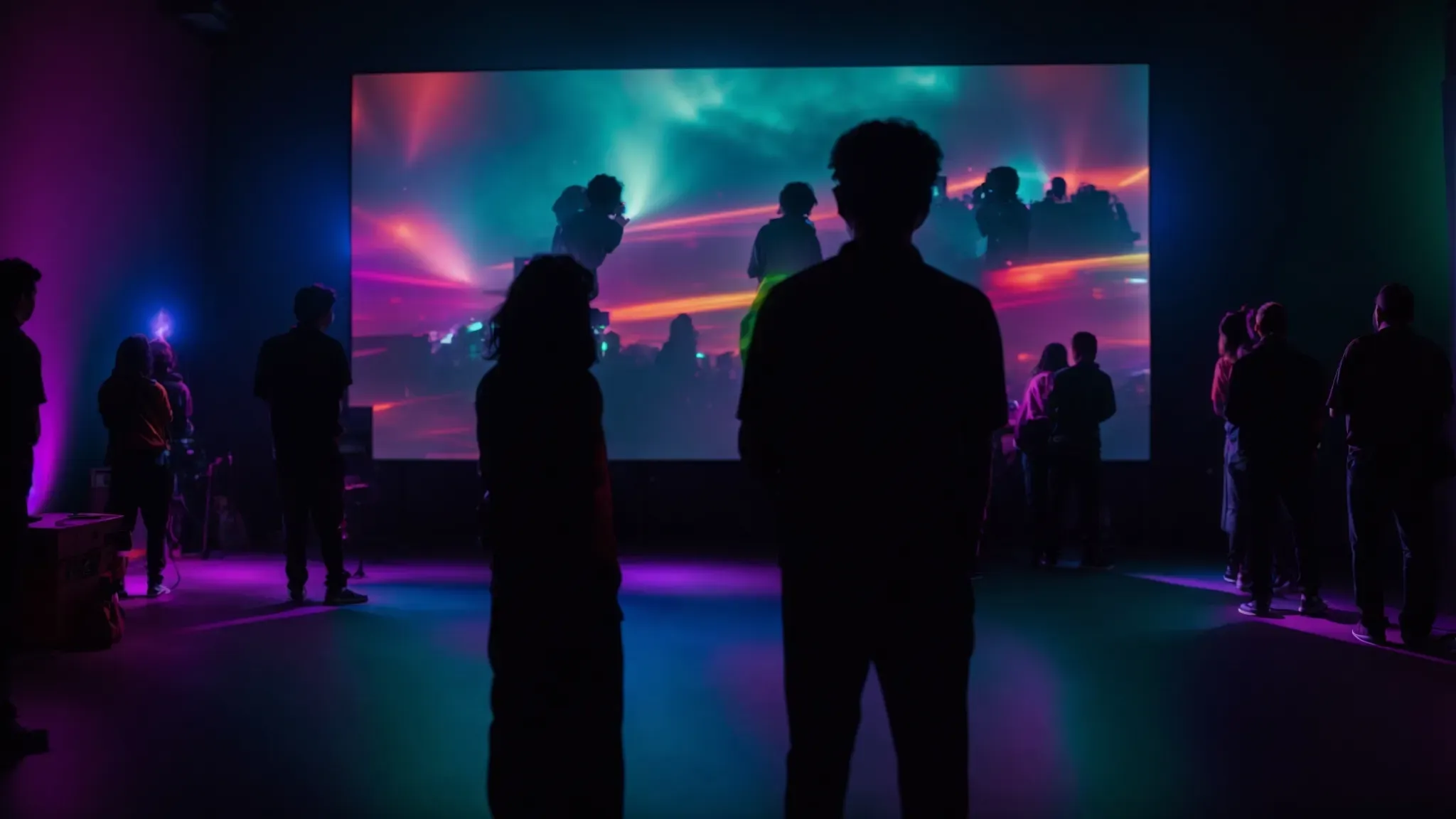 a projector casting vibrant colors onto a large screen in a dark room, with silhouettes of people watching intently.