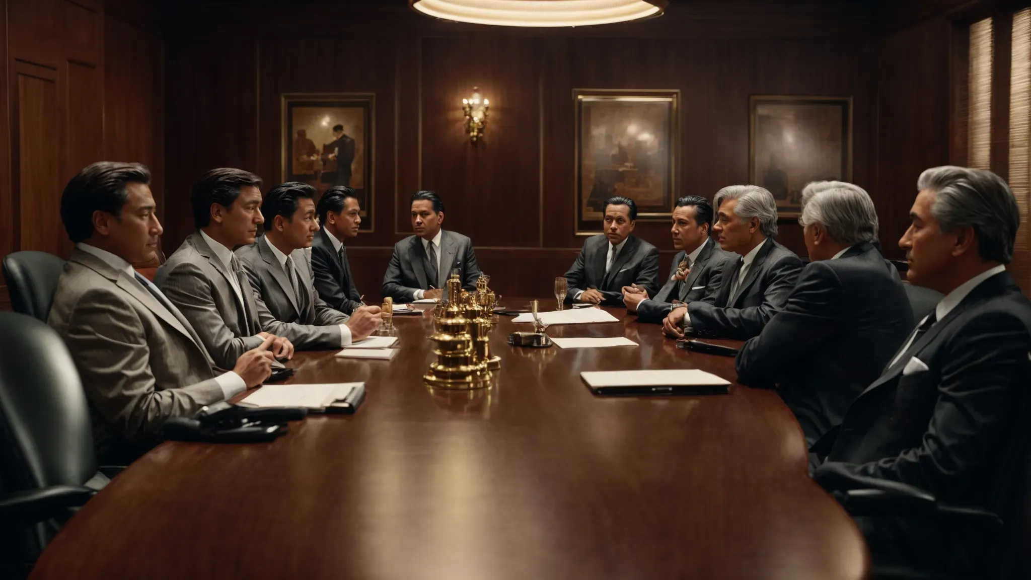 a group of actors and directors convene in a classic hollywood boardroom, reminiscent of the golden era where film unions took root.