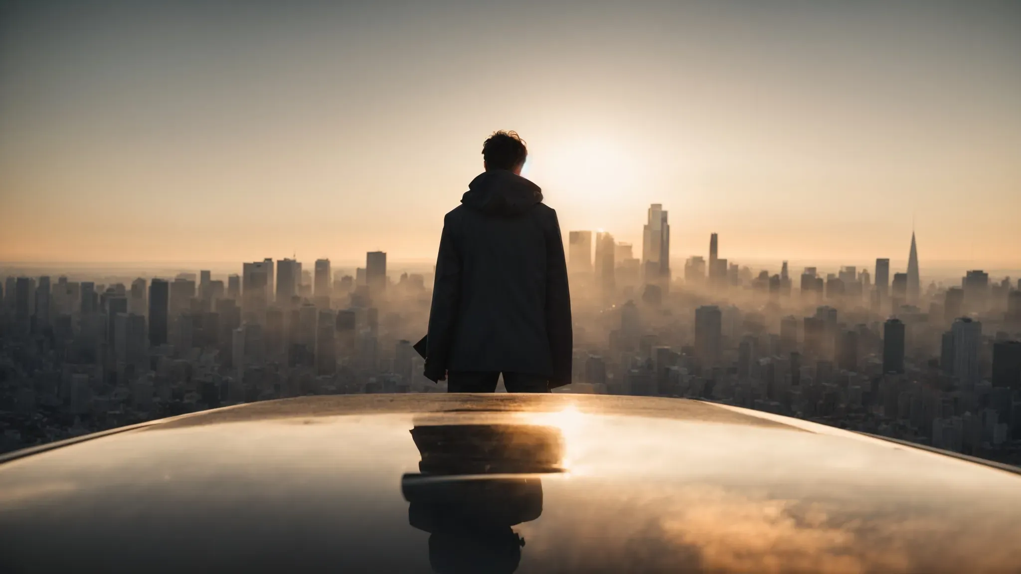 a silhouette of a person standing on top of a speeding car with a cityscape horizon blurred behind.