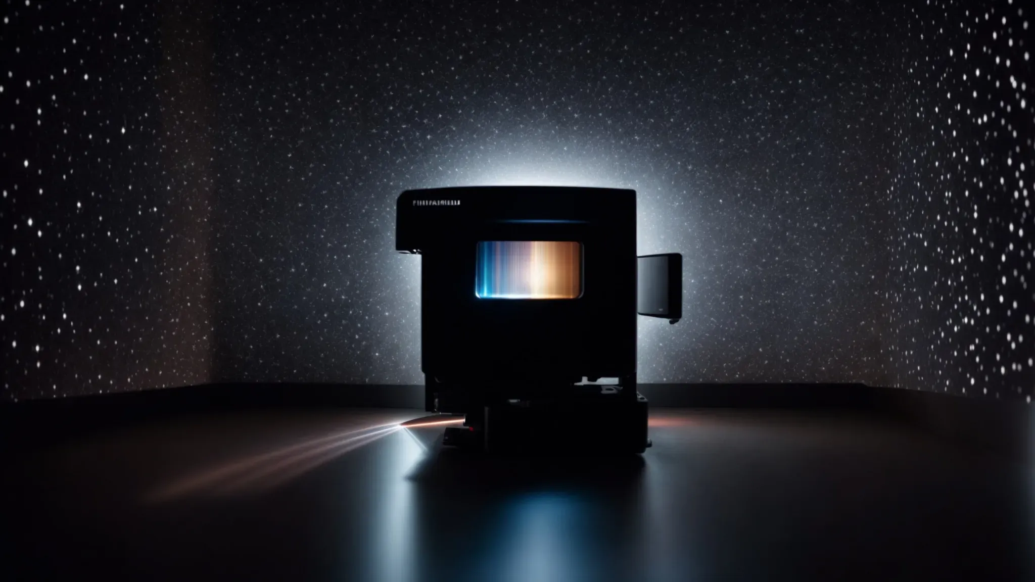 a projector illuminates a dark room with abstract, moving images against a blank screen, casting shadows of an intrigued audience.