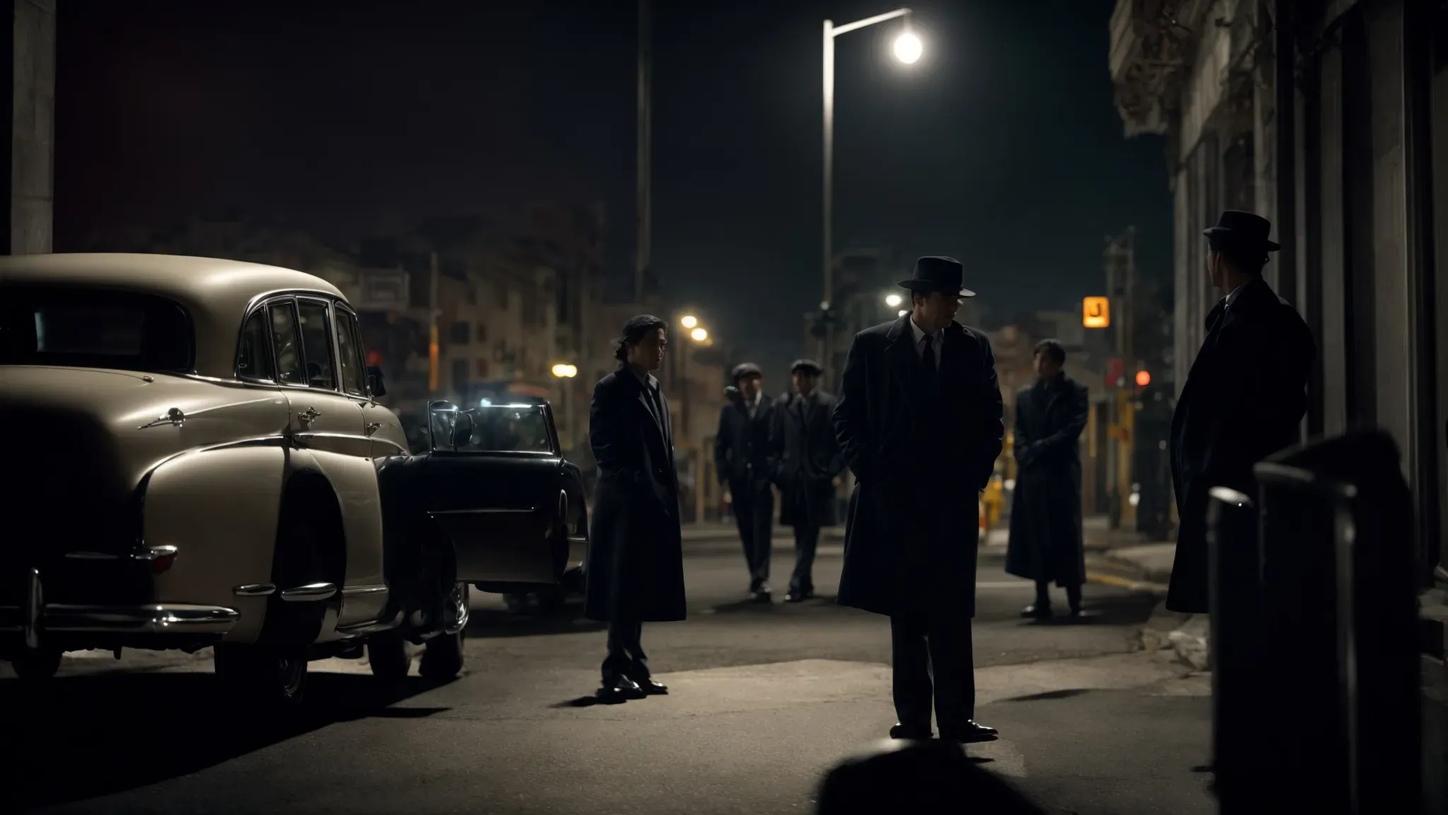 a clandestine meeting at a dimly lit crossroad, exuding the aura of global noir cinema.