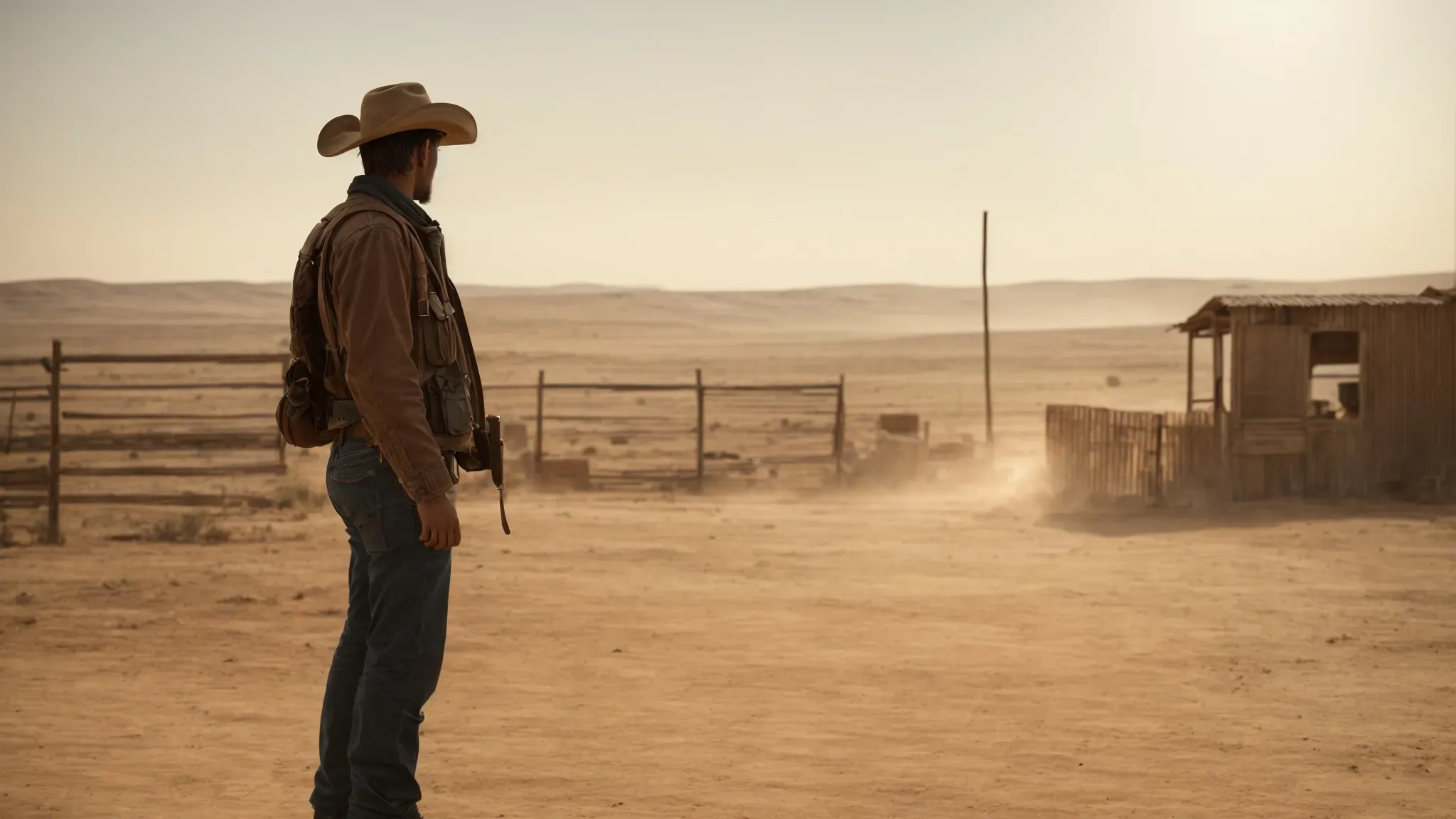 a dusty, sunlit scene where a lone cowboy stands at the edge of a deserted town, facing the horizon.