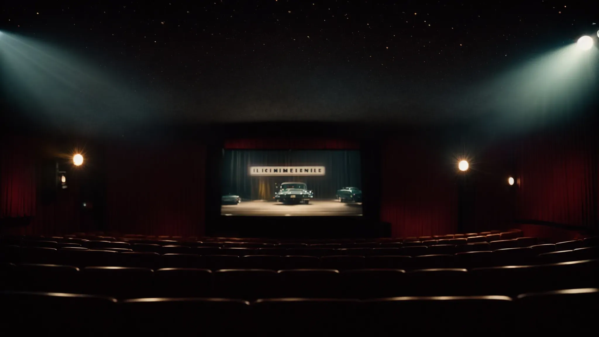 a projector beams the opening credits of a classic film onto a large, vintage screen in a dimly lit, nostalgic movie theater.