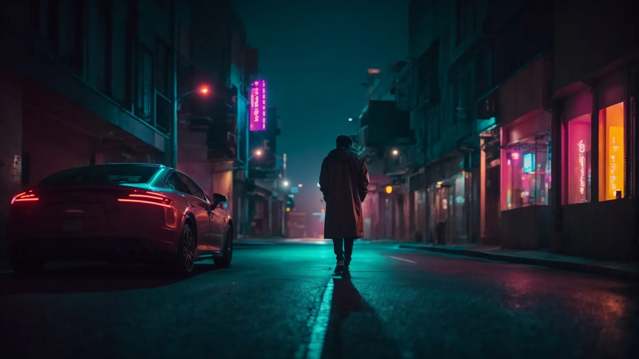 a neon-lit street at night, empty except for a solitary figure standing in the middle, looking into the distance.