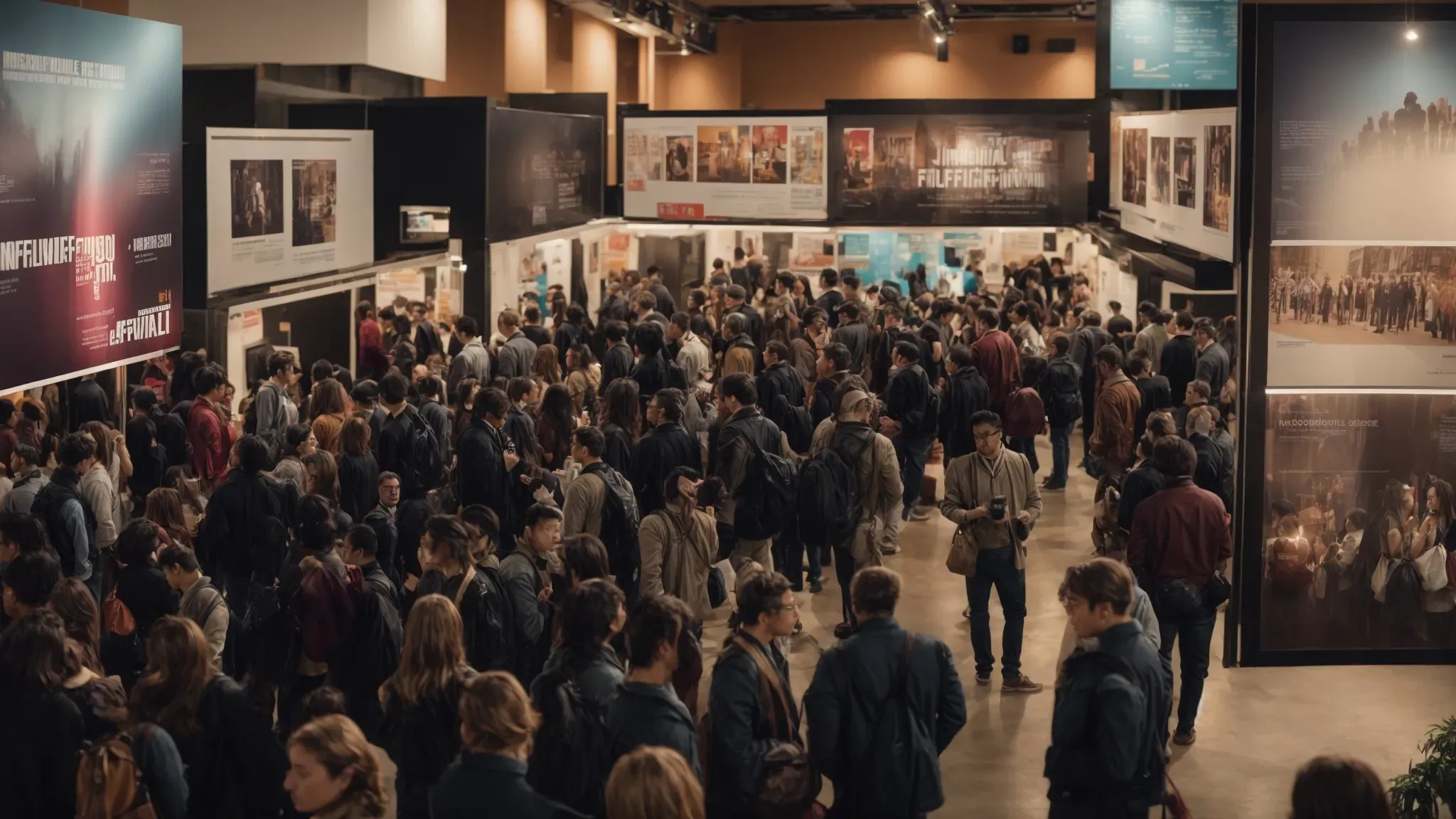 a bustling independent film festival scene with attendees mingling and posters of various indie films on display.