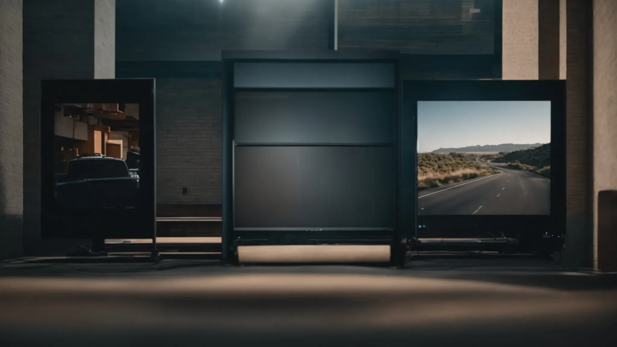 two cinema screens in one frame, each projecting a different, yet seemingly connected, movie scene.