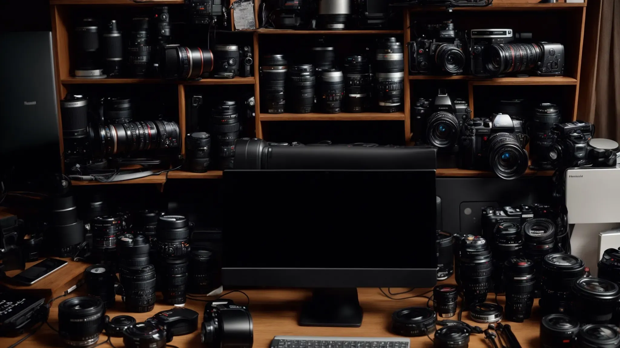 a photographer's desk strewn with a variety of professional cameras, interchangeable lenses, and a computer running advanced image editing software.