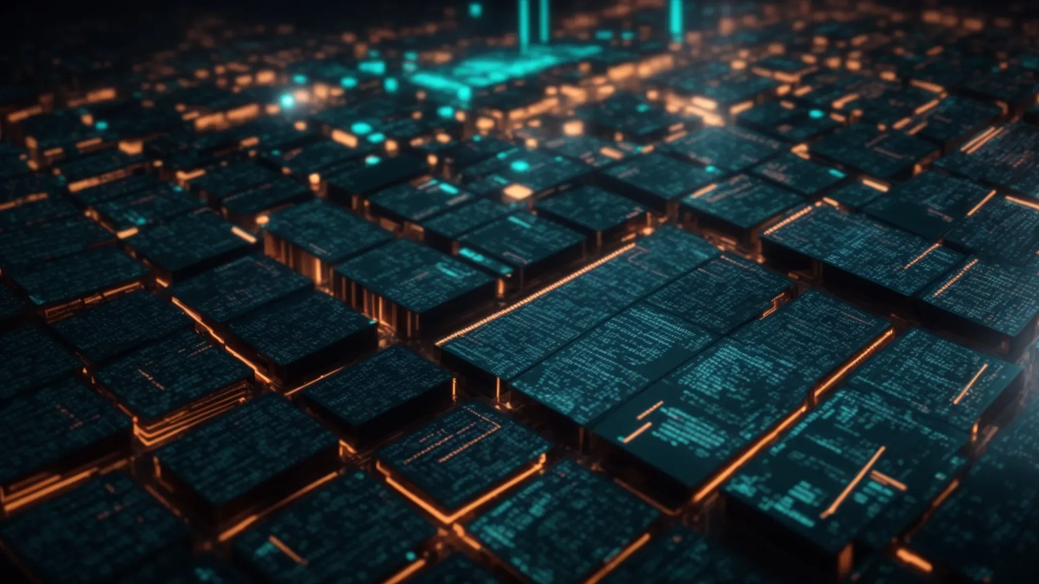 a computer screen displaying a series of interconnected blocks symbolizing a blockchain network, with a background of digital media files.