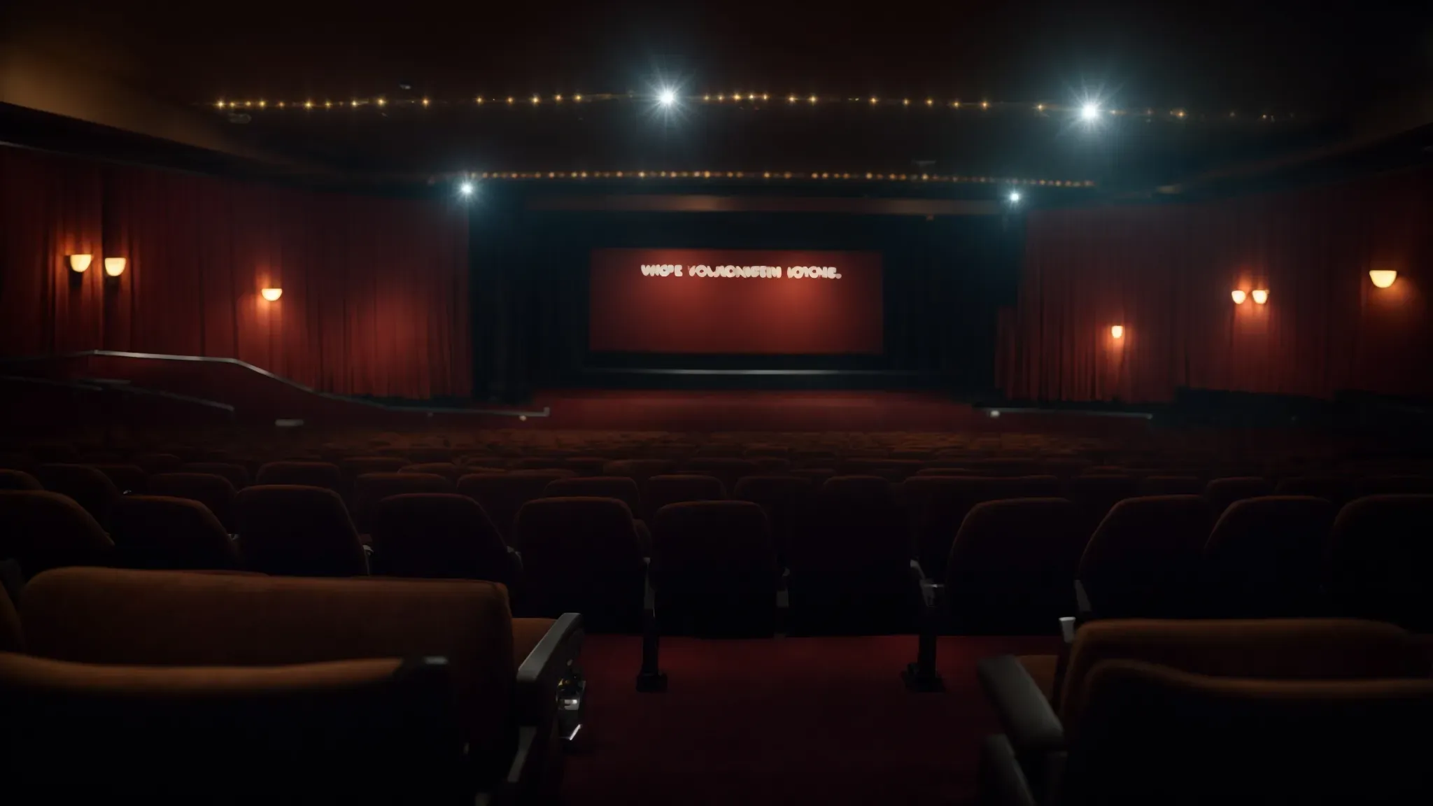 a wide angle of an empty cinema with the movie credits rolling on the big screen, casting a soft glow in the dimly lit room.