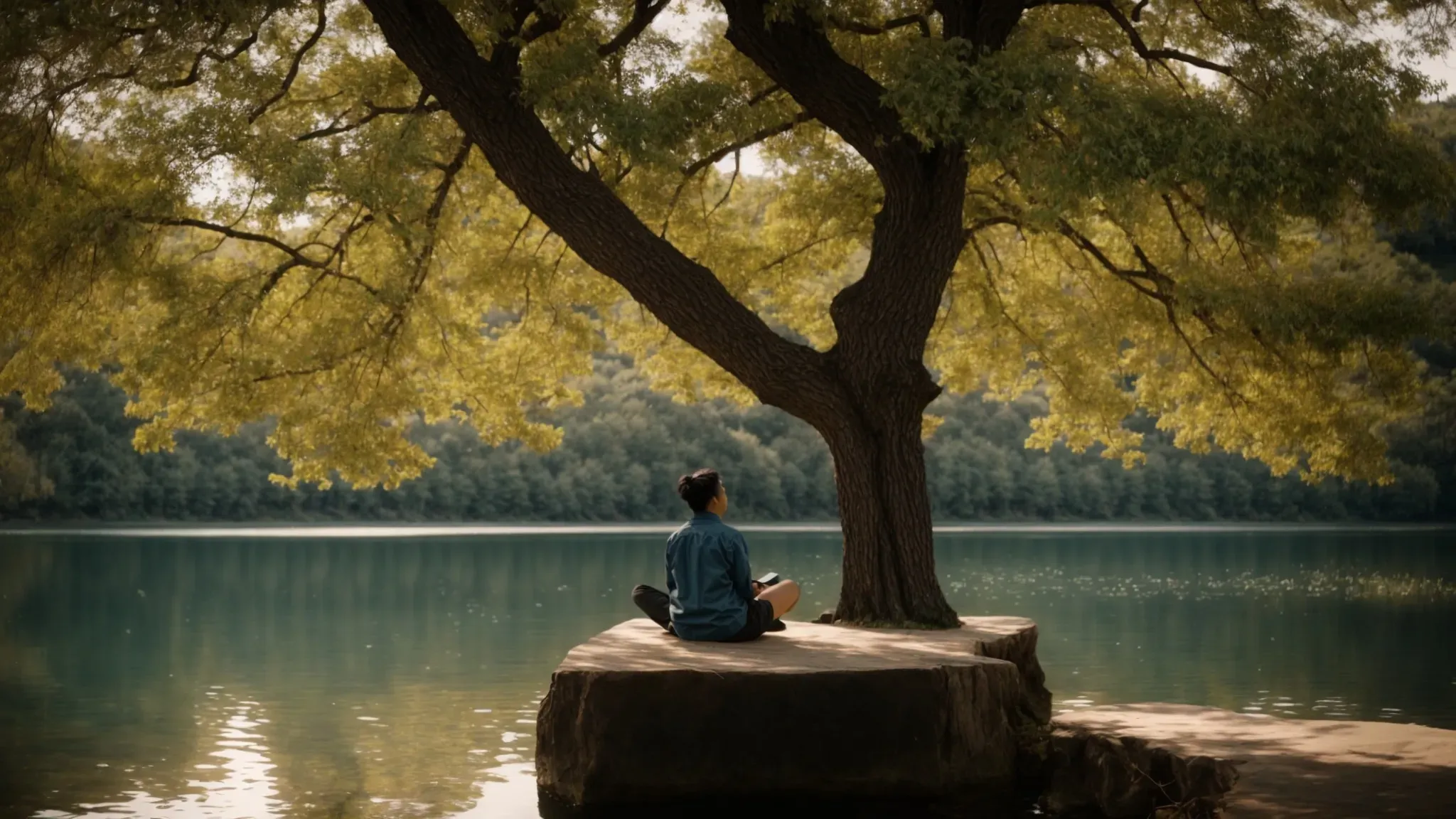 a person sits at a serene lakeside, deeply engrossed in contemplation about their financial future under the tranquil shadow of a large tree.