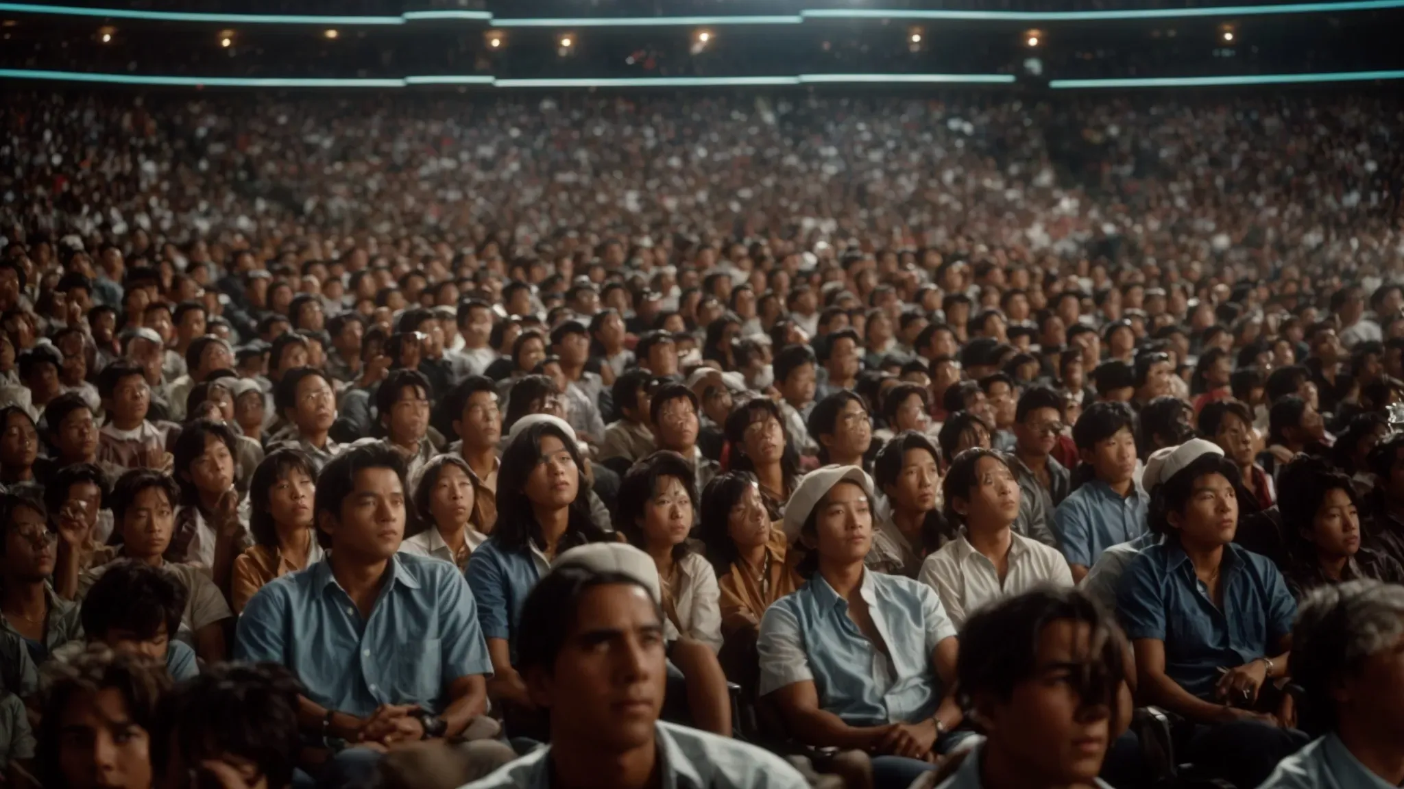 a crowded movie theater with an excited audience gazing at a dramatic, high-budget action sequence on the big screen.
