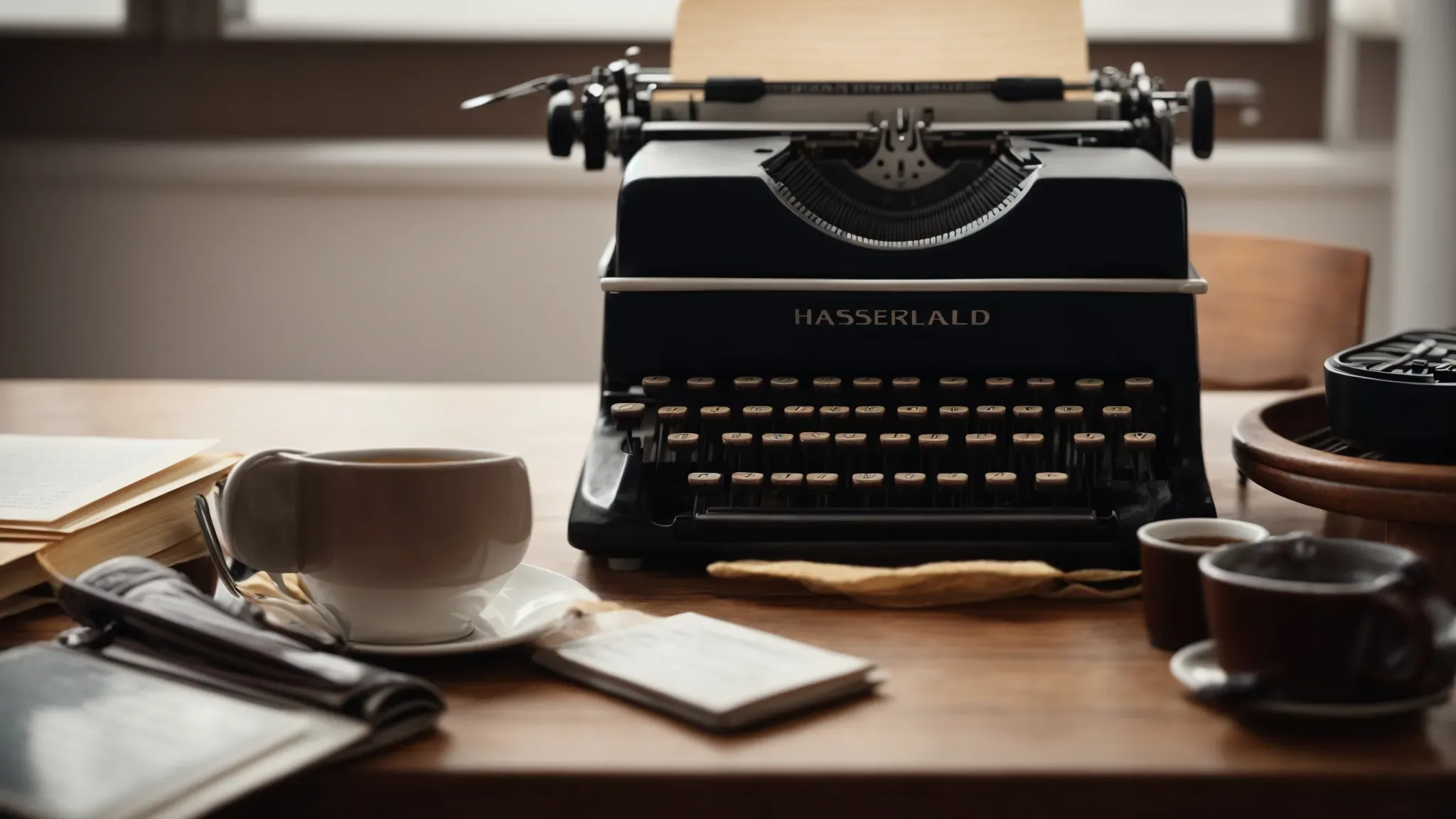 a stack of screenplays on a wooden table, with a vintage typewriter and a coffee cup beside them.