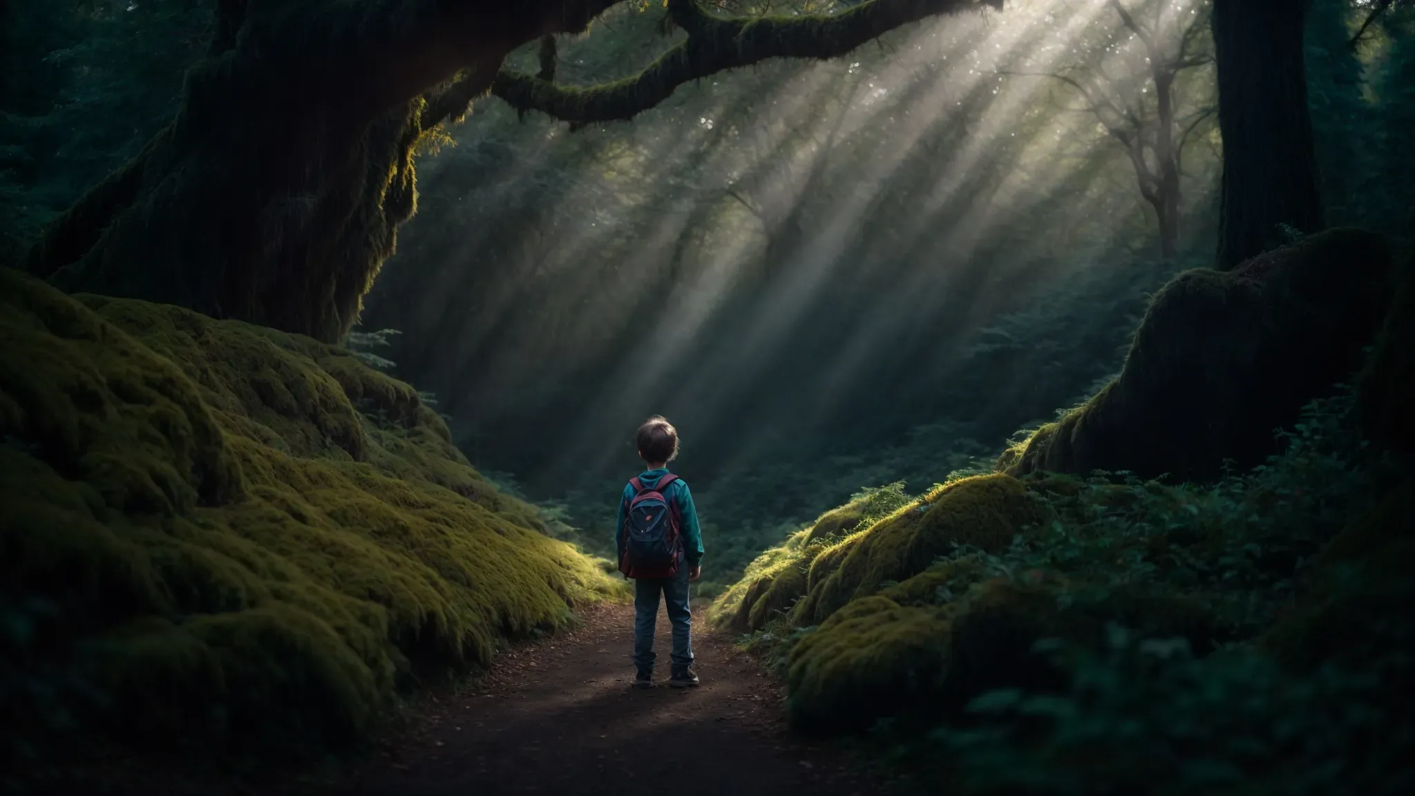 a child protagonist stands at the edge of an enchanted forest, gazing into its glowing depths.