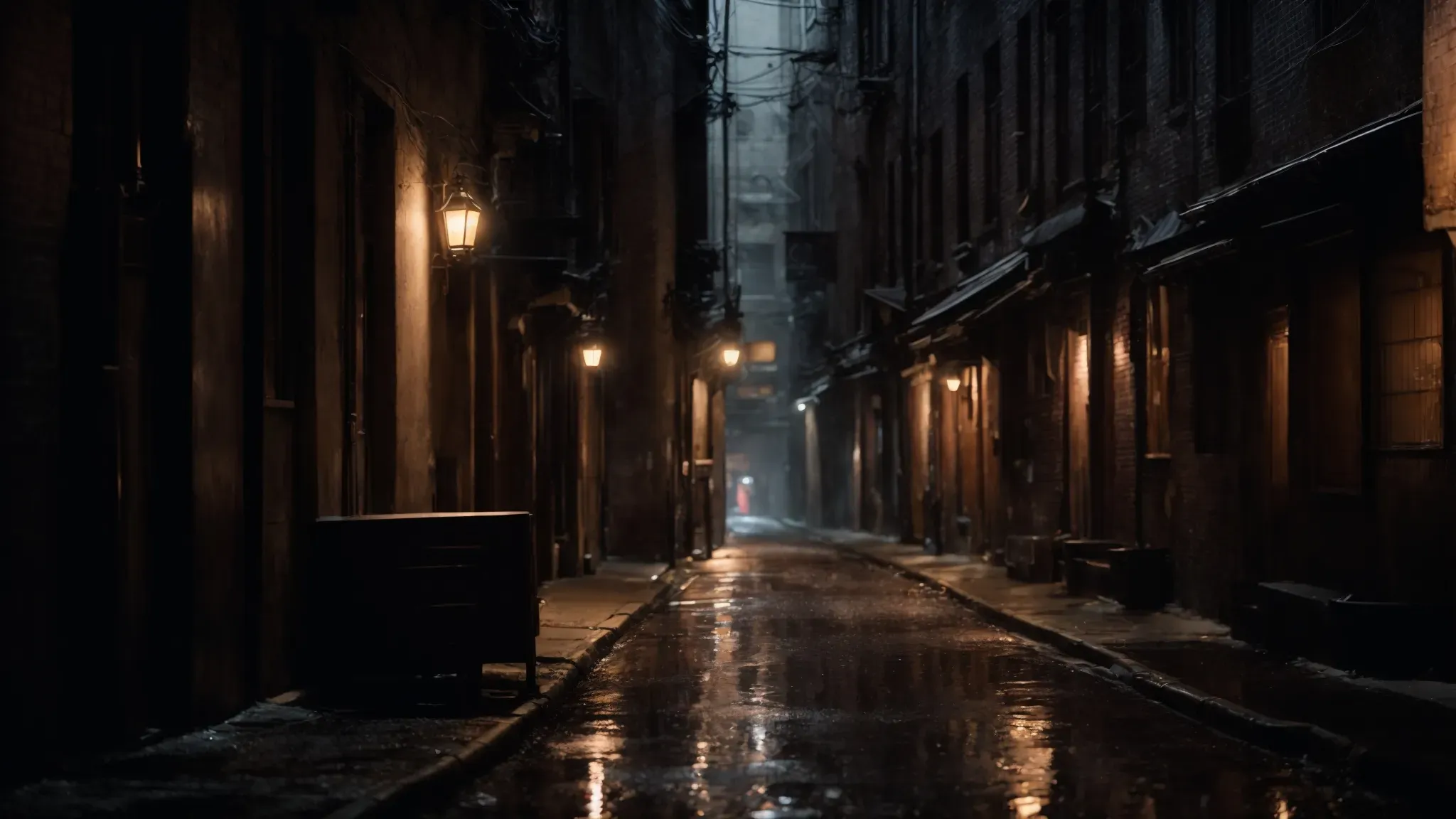 a dimly lit alley in an urban setting evoking gotham's grit and mystery, absent of any distinct characters or symbols, suggestive of intrigue and societal unease.