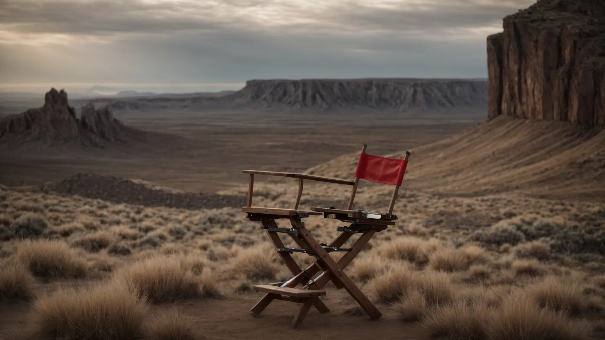 a director's chair sits empty between two film sets, one bustling with rapid activity and the other a meticulously constructed epic landscape.