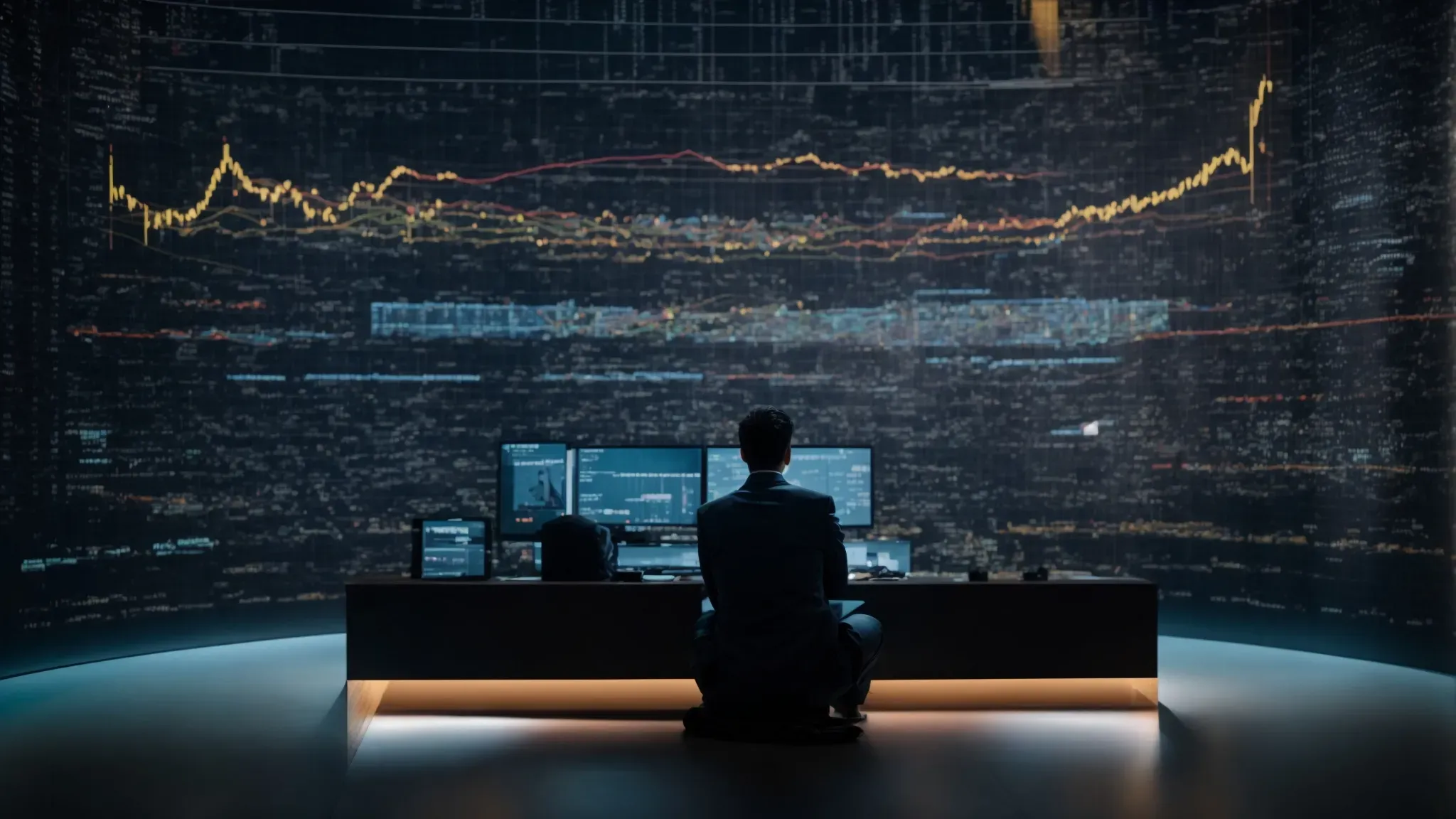 a person sitting before a large screen, displaying various types of media content and symbols representing data analytics and personalization flows around them.